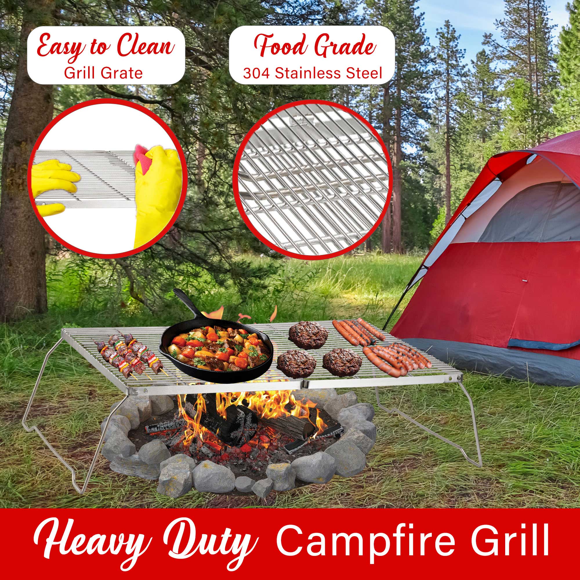 Brentwood BB-17X25SS 25” x 17” Heavy Duty Stainless Steel Portable Folding Campfire Grill with Carry Bag