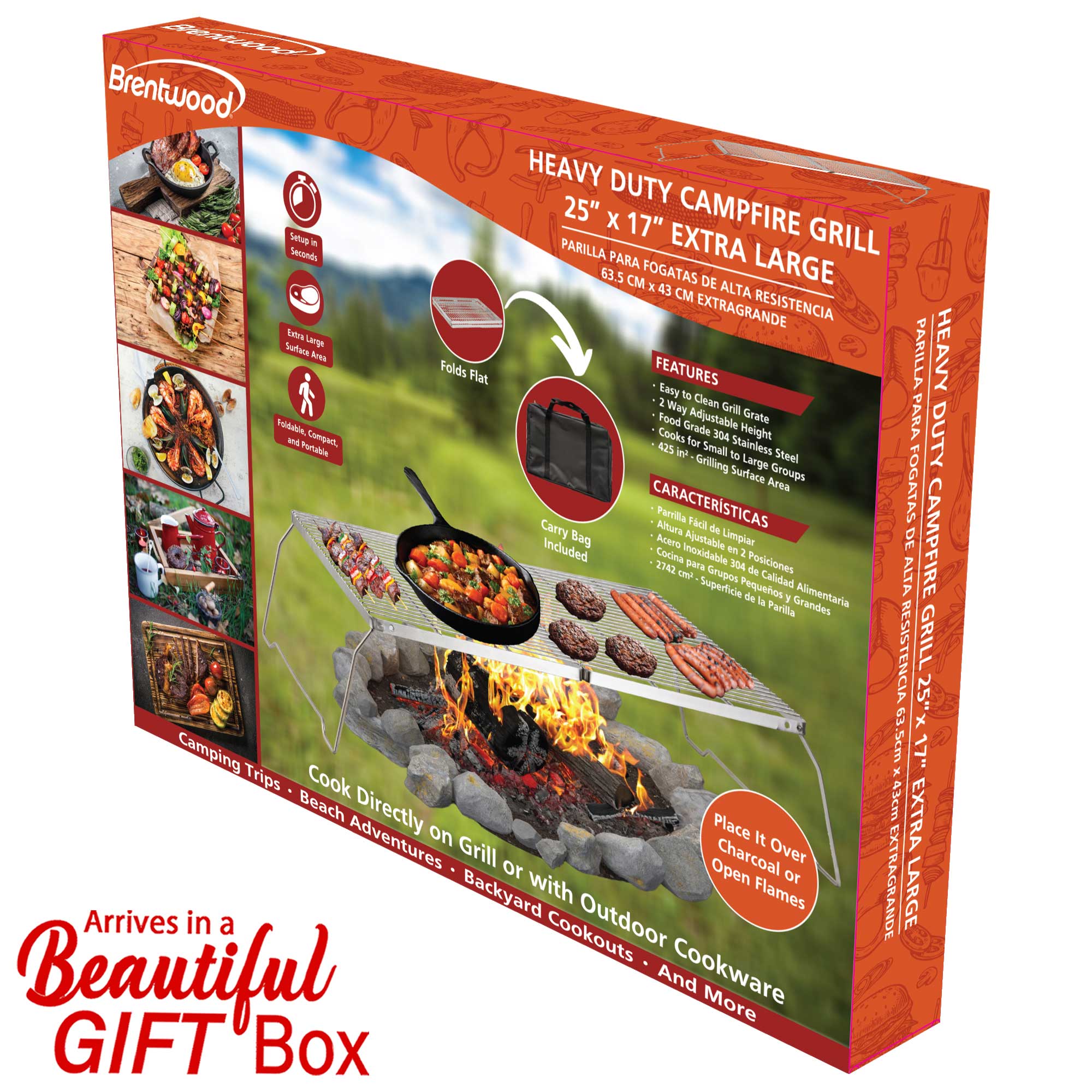 Brentwood BB-17X25SS 25” x 17” Heavy Duty Stainless Steel Portable Folding Campfire Grill with Carry Bag