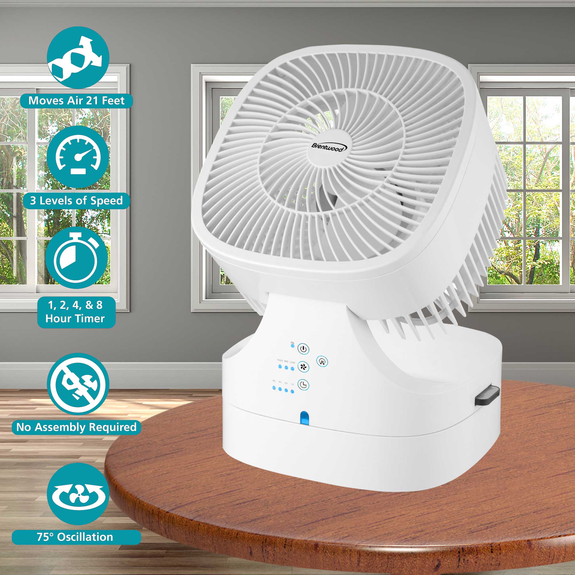 Brentwood F-900RW 8-Inch 3-Speed Remote Control Oscillating Air Circulator Desktop Fan with Timer and Auto Shut Off, White