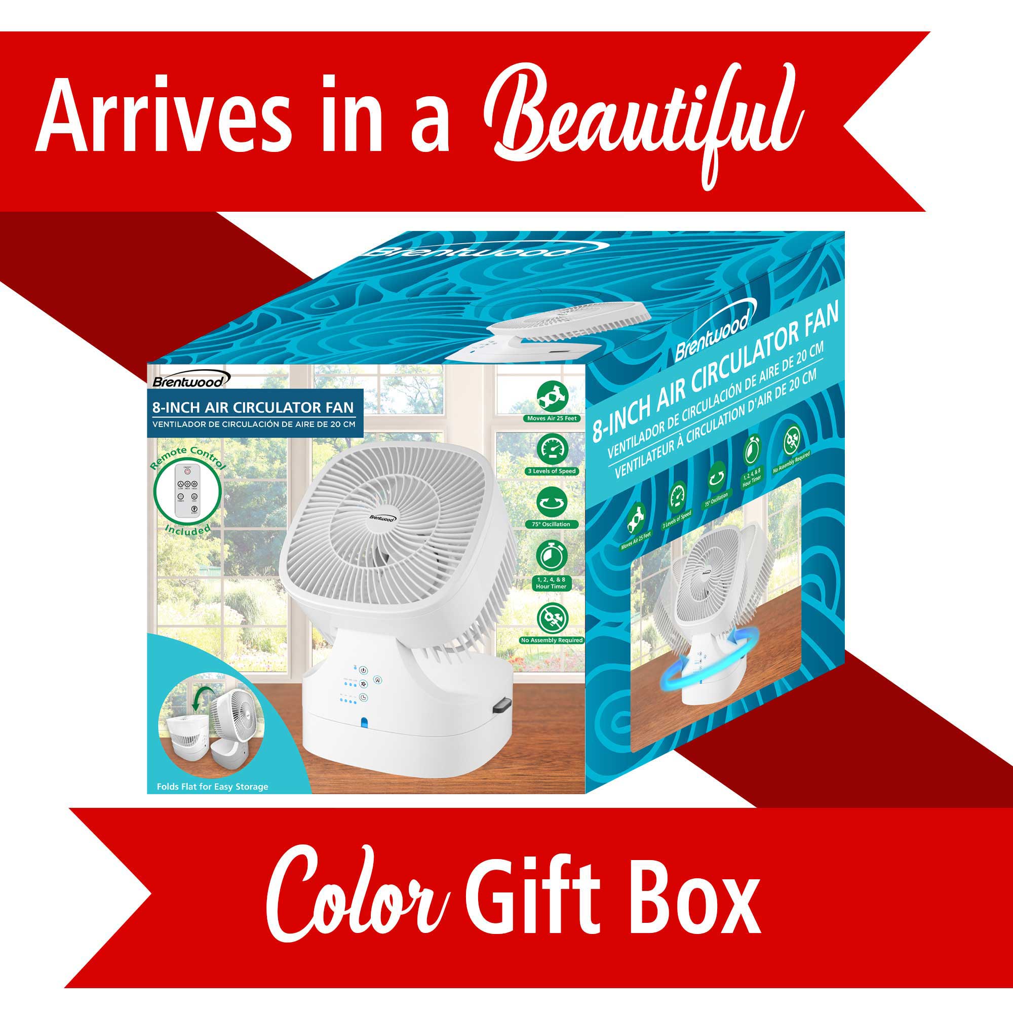 Brentwood F-900RW 8-Inch 3-Speed Remote Control Oscillating Air Circulator Desktop Fan with Timer and Auto Shut Off, White