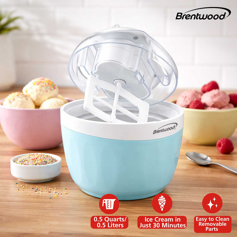 Brentwood TS-1409BL 0.5 Quart Ice Cream and Sorbet Maker, Frozen Yogurt, Gelato, and Custard Machine, Blue