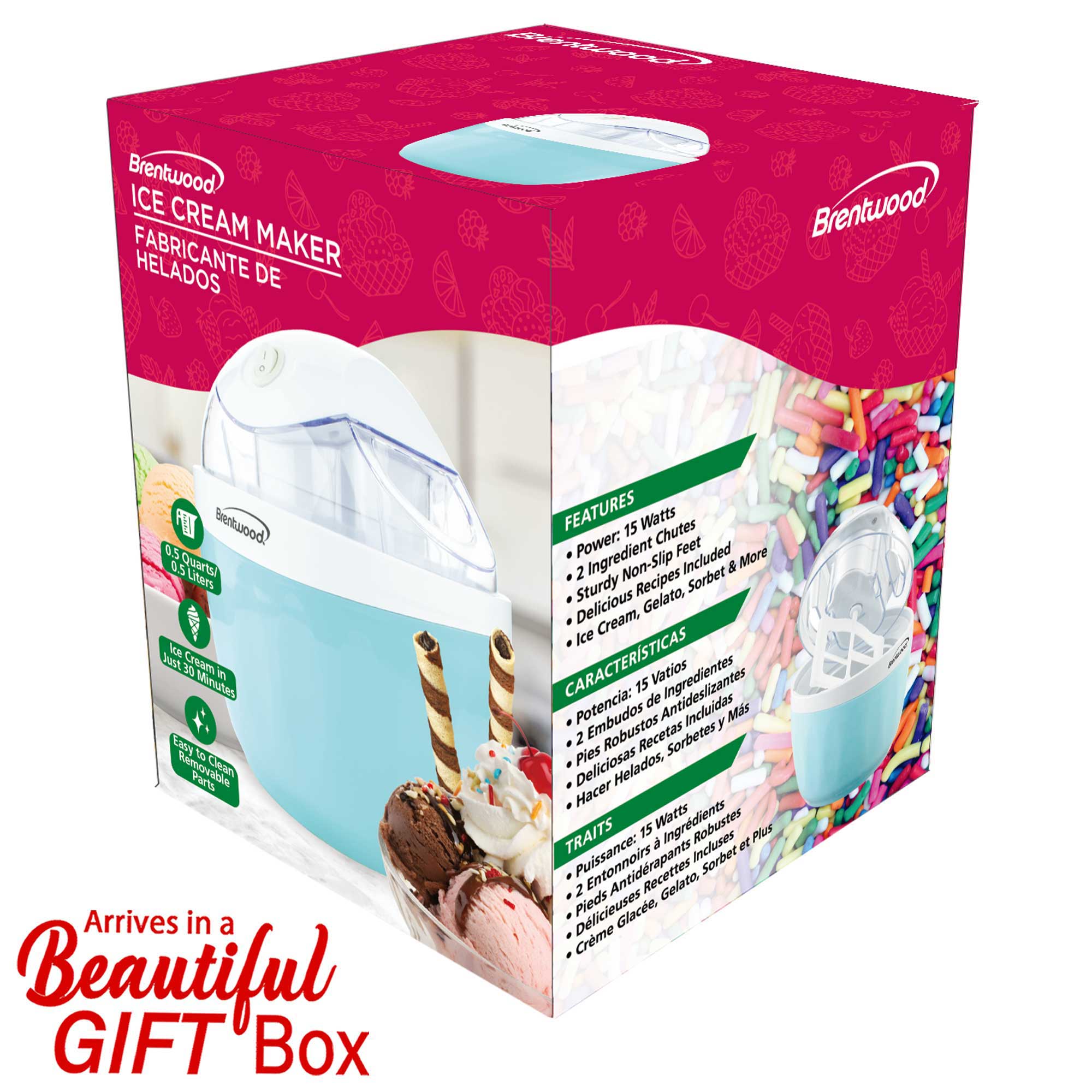 Brentwood TS-1409BL 0.5 Quart Ice Cream and Sorbet Maker, Frozen Yogurt, Gelato, and Custard Machine, Blue