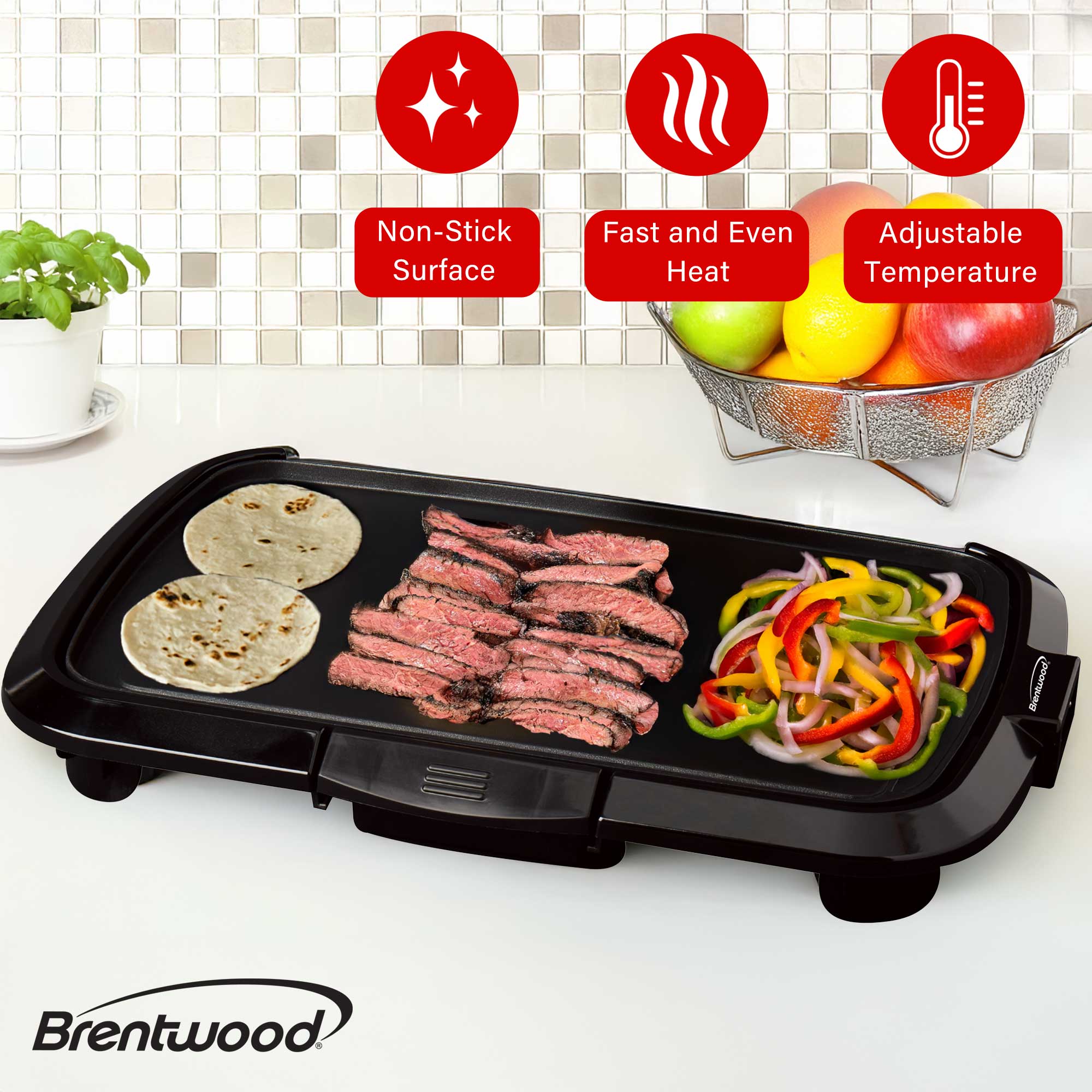 Brentwood TS-821 Non-Stick Electric Griddle with Drip Tray, Adjustable Temperature, and Cool Touch Handles, 16 x 10 Inch, Black