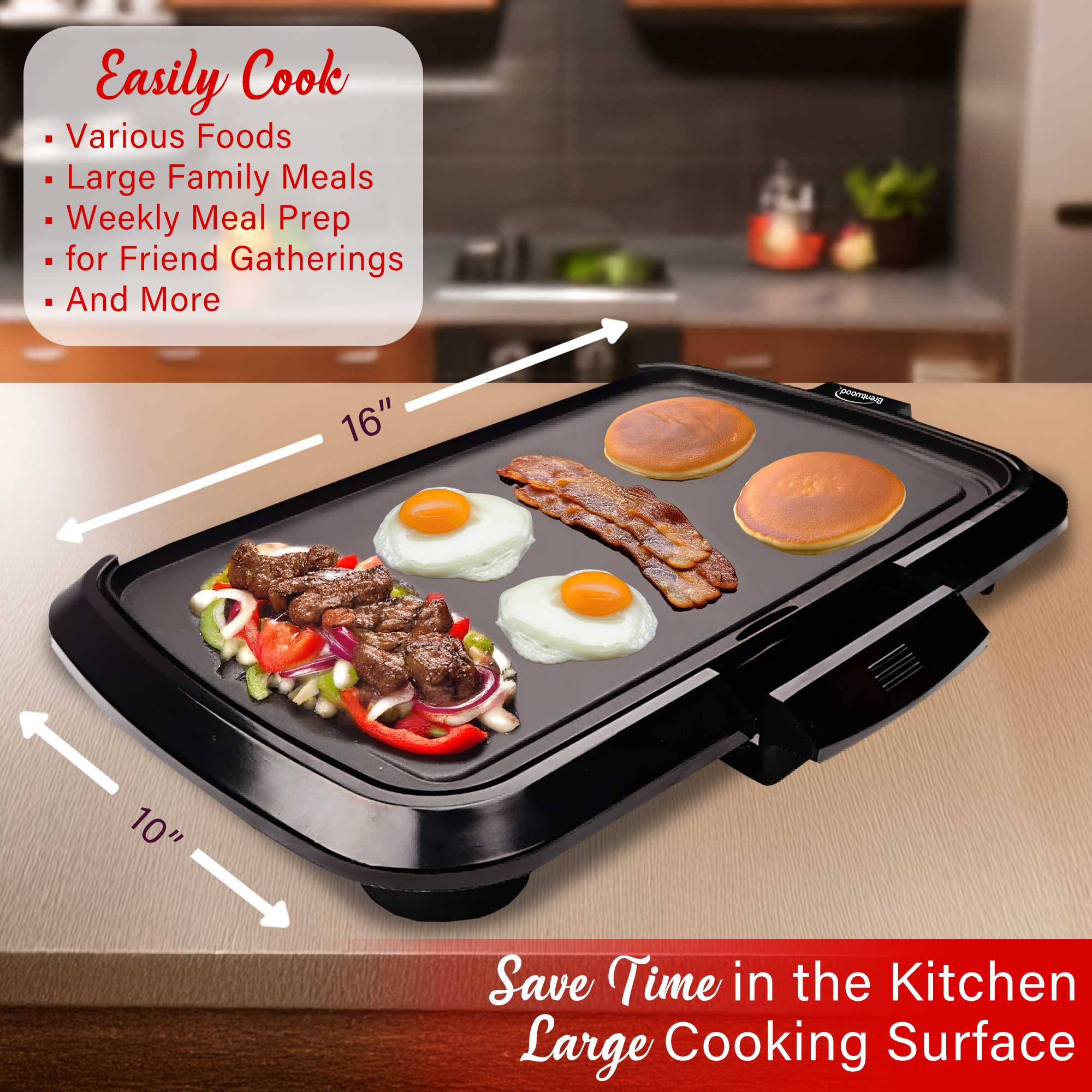Brentwood TS-821 Non-Stick Electric Griddle with Drip Tray, Adjustable Temperature, and Cool Touch Handles, 16 x 10 Inch, Black
