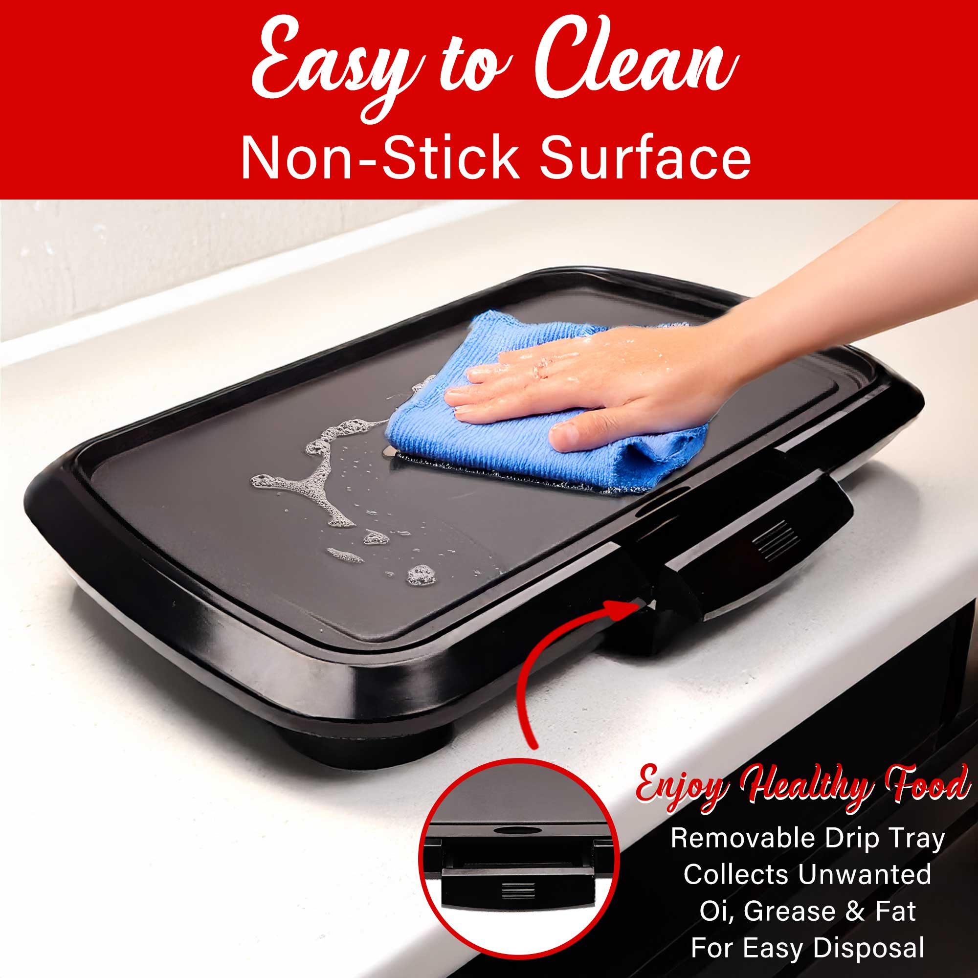 Brentwood TS-821 Non-Stick Electric Griddle with Drip Tray, Adjustable Temperature, and Cool Touch Handles, 16 x 10 Inch, Black