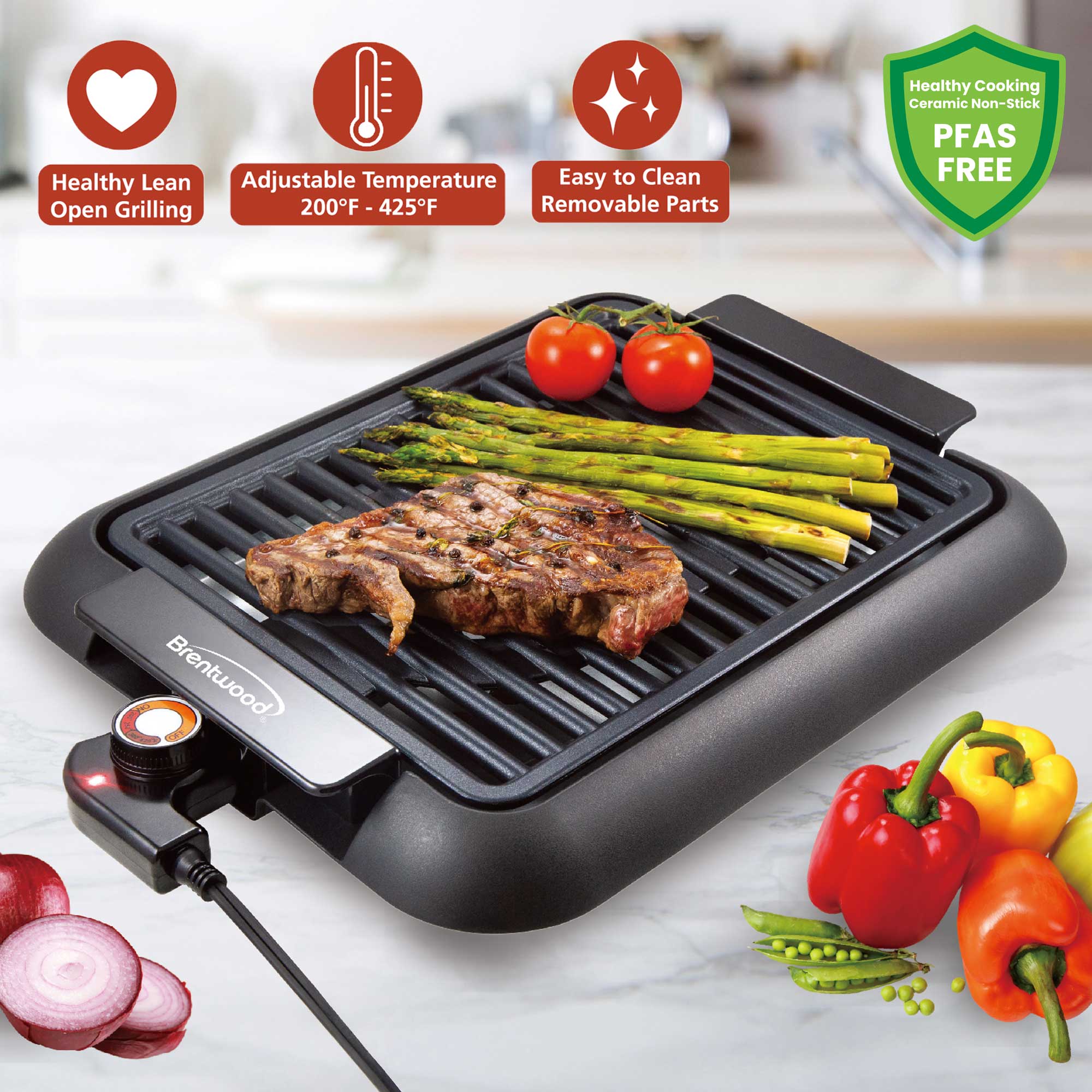 Brentwood TS-643BK 1200W Electric Smokeless Indoor Grill with Ceramic Non-Stick Surface, Adjustable Temperature, and Dishwasher Safe Parts, 12.6” x 10”, Black