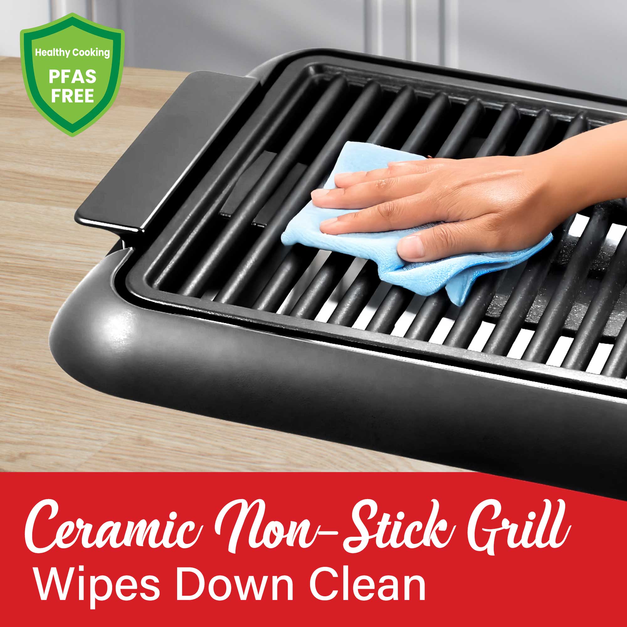 Brentwood TS-643BK 1200W Electric Smokeless Indoor Grill with Ceramic Non-Stick Surface, Adjustable Temperature, and Dishwasher Safe Parts, 12.6” x 10”, Black