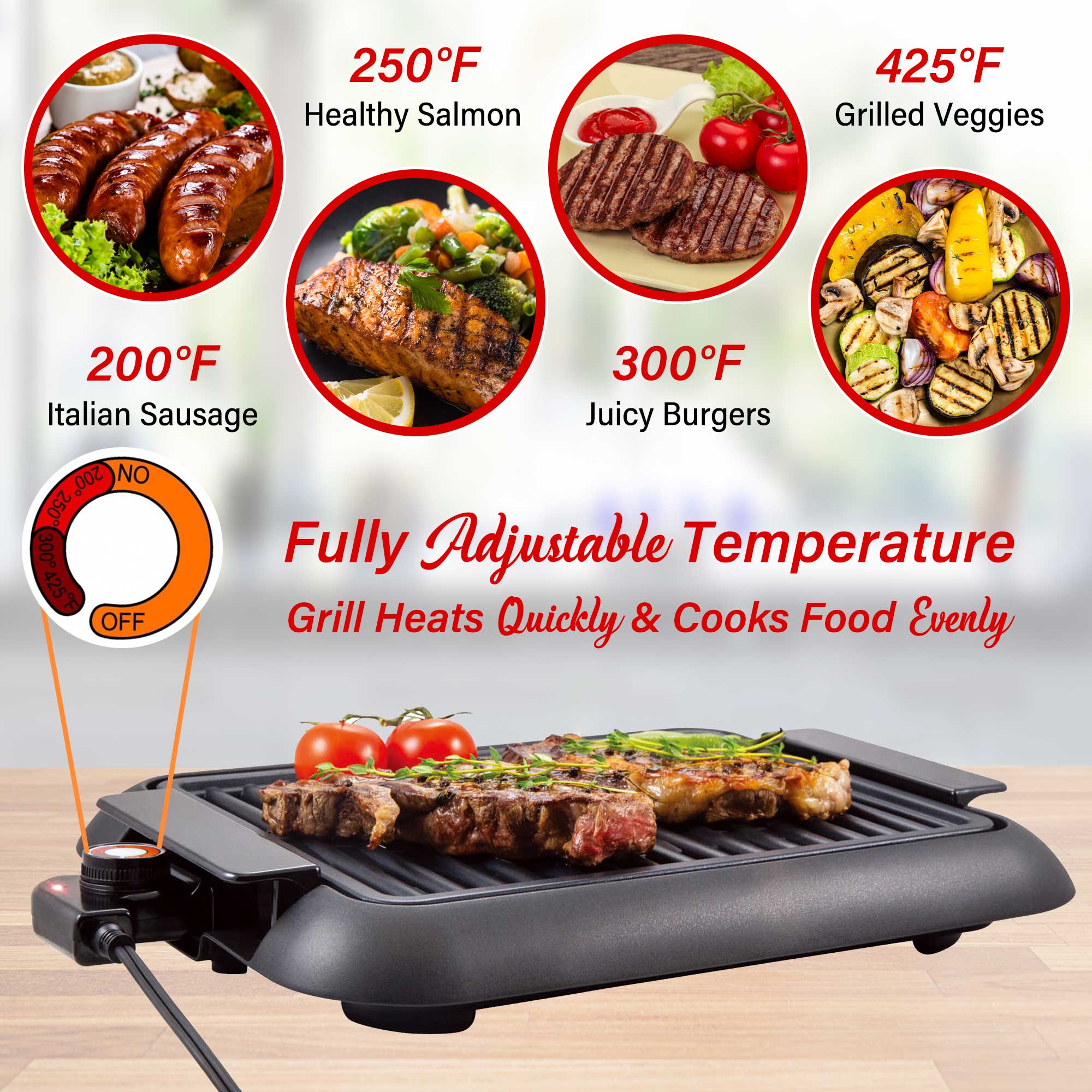 Brentwood TS-643BK 1200W Electric Smokeless Indoor Grill with Ceramic Non-Stick Surface, Adjustable Temperature, and Dishwasher Safe Parts, 12.6” x 10”, Black