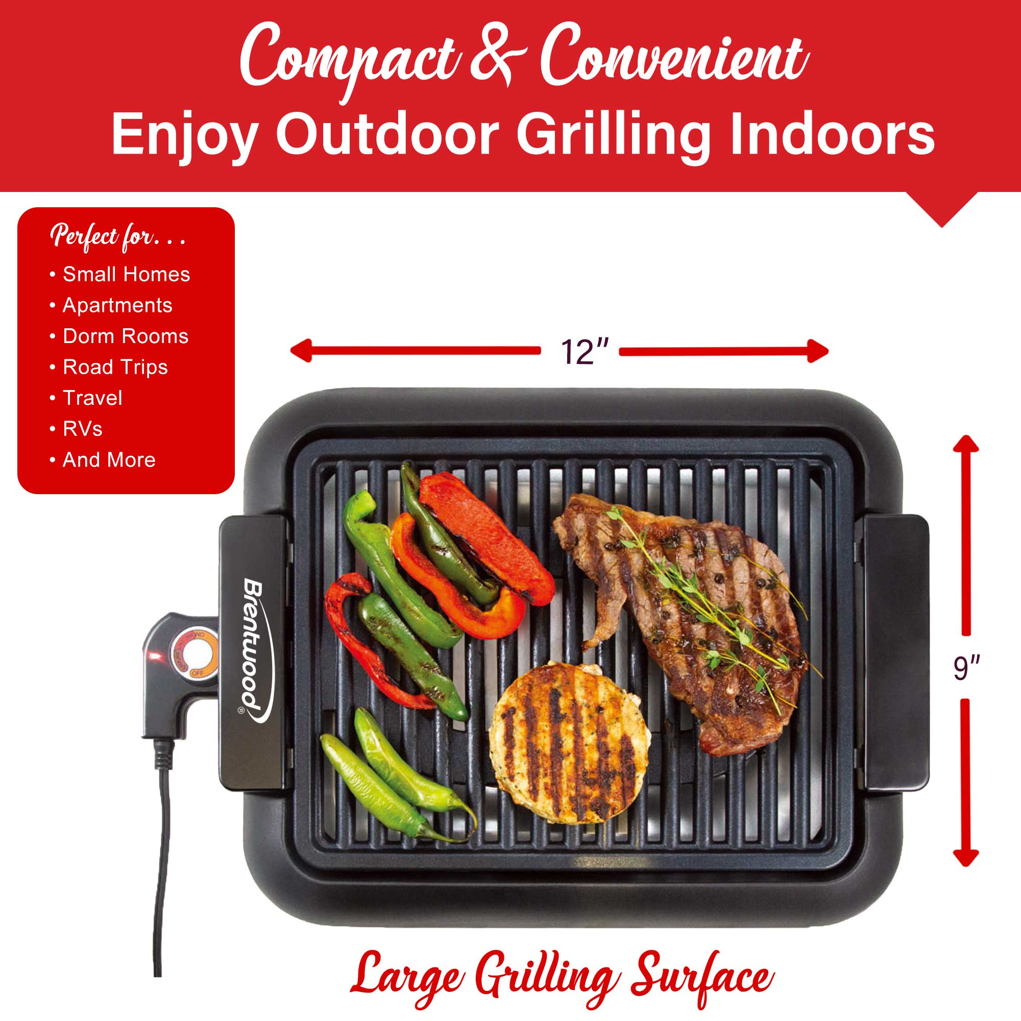 Brentwood TS-643BK 1200W Electric Smokeless Indoor Grill with Ceramic Non-Stick Surface, Adjustable Temperature, and Dishwasher Safe Parts, 12.6” x 10”, Black