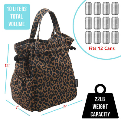 Brentwood CB-2025LBR Large 10L Insulated Canvas Lunch Tote Cooler Bag with 2 Pockets for Women, Leopard Brown