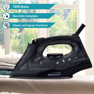 Brentwood MPI-51BK 1200W Lightweight Non-Stick Steam Iron with Extra Long 8FT Cord, Black