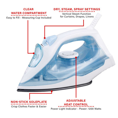 Brentwood MPI-51W 1200W Lightweight Non-Stick Steam Iron with Extra Long 8FT Cord, White