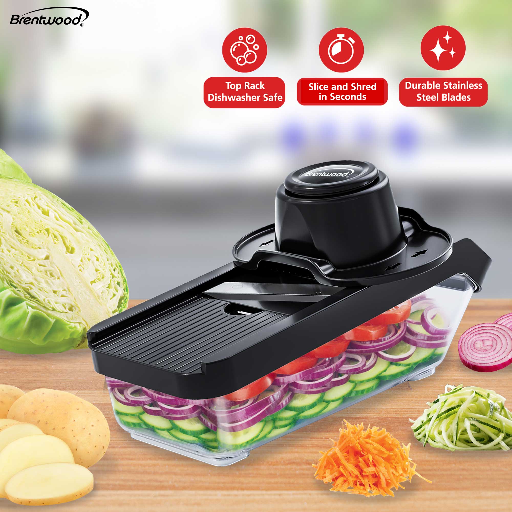 Brentwood KA-5046BK Mandoline Slicer and Cheese Grater with 3.6-Cup Storage Container and 6 Interchangeable Stainless Steel Blades, Black