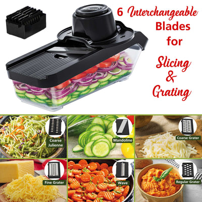 Brentwood KA-5046BK Mandoline Slicer and Cheese Grater with 3.6-Cup Storage Container and 6 Interchangeable Stainless Steel Blades, Black