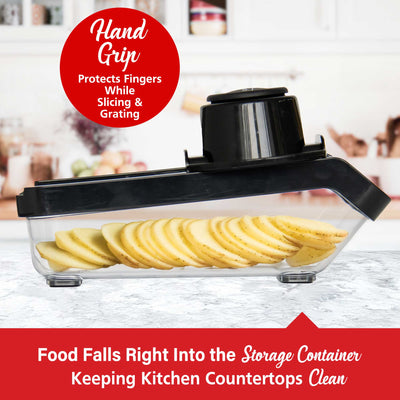 Brentwood KA-5046BK Mandoline Slicer and Cheese Grater with 3.6-Cup Storage Container and 6 Interchangeable Stainless Steel Blades, Black