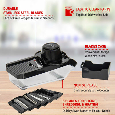Brentwood KA-5046BK Mandoline Slicer and Cheese Grater with 3.6-Cup Storage Container and 6 Interchangeable Stainless Steel Blades, Black