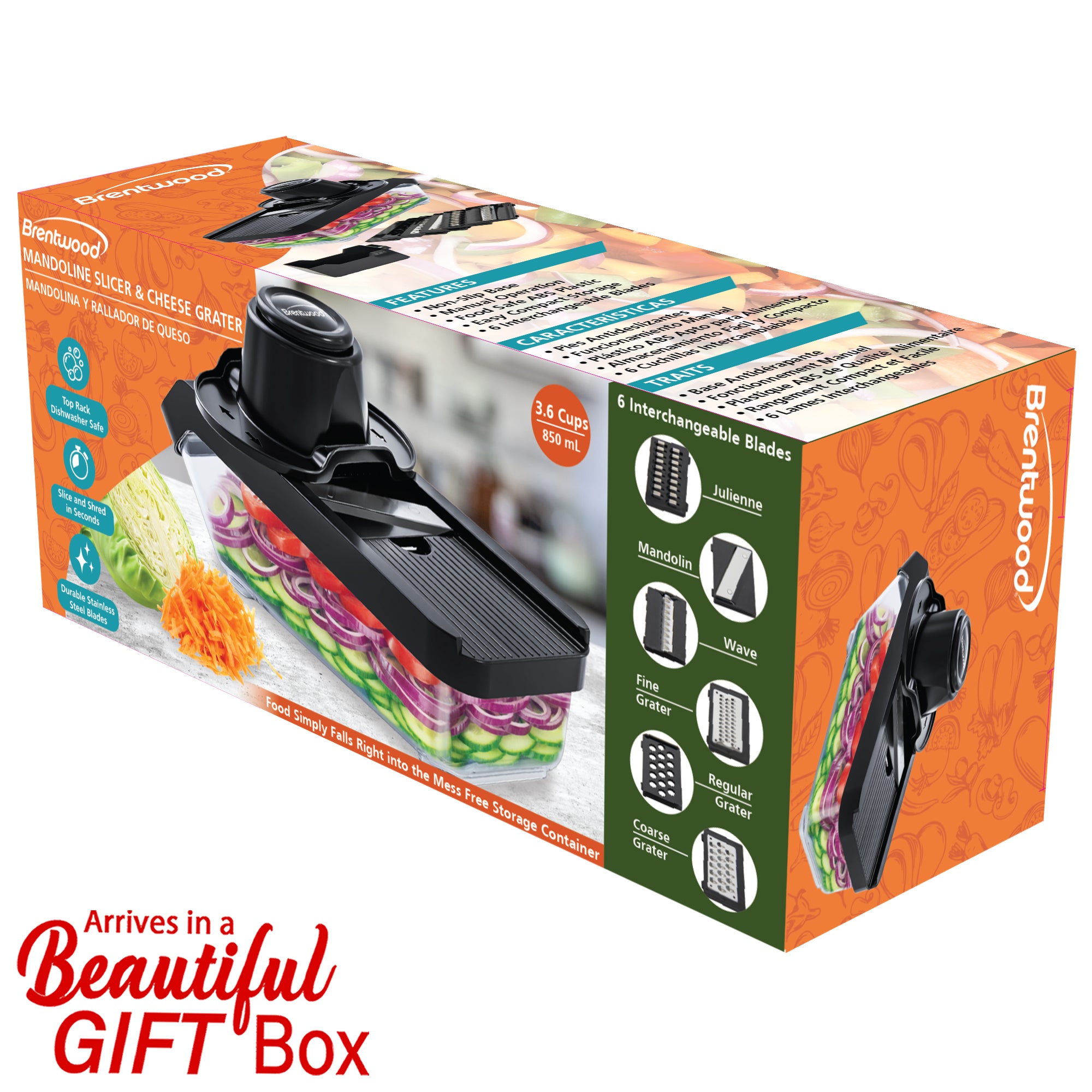 Brentwood KA-5046BK Mandoline Slicer and Cheese Grater with 3.6-Cup Storage Container and 6 Interchangeable Stainless Steel Blades, Black