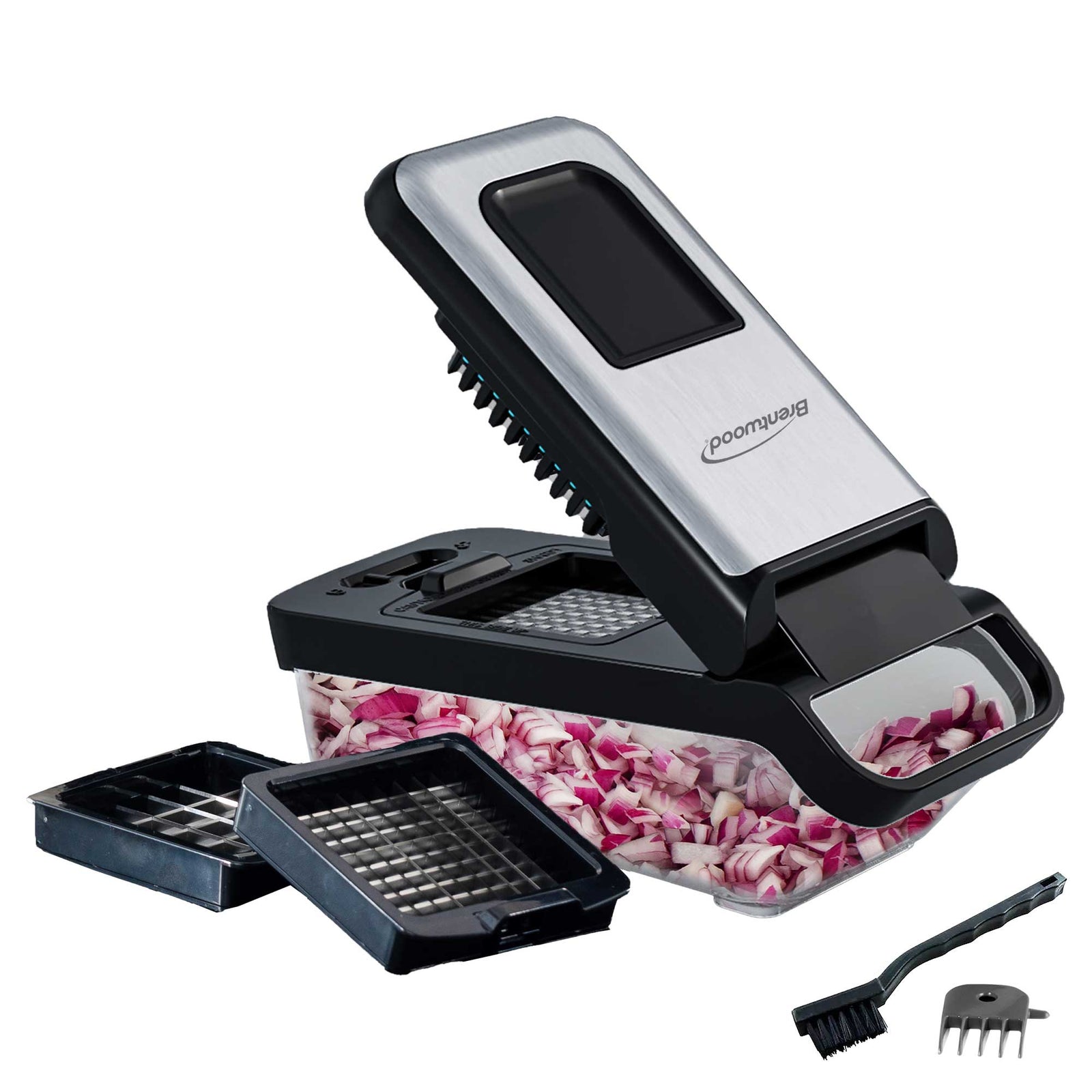 Brentwood KA-5024BKS Vegetable Chopper with 3.6-Cup Storage Container and 2 Interchangeable Stainless Steel Blades, Black