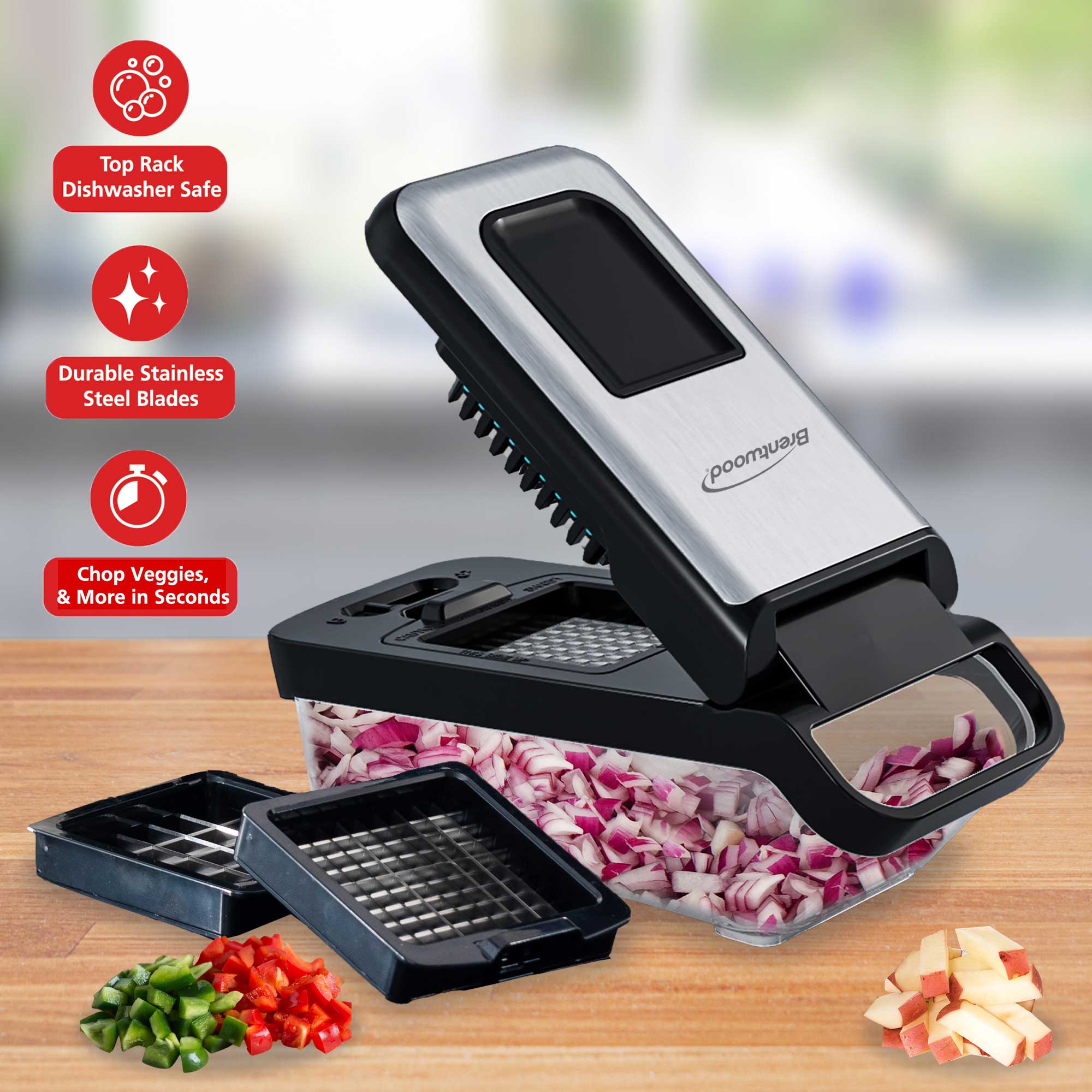 Brentwood KA-5024BKS Vegetable Chopper with 3.6-Cup Storage Container and 2 Interchangeable Stainless Steel Blades, Black