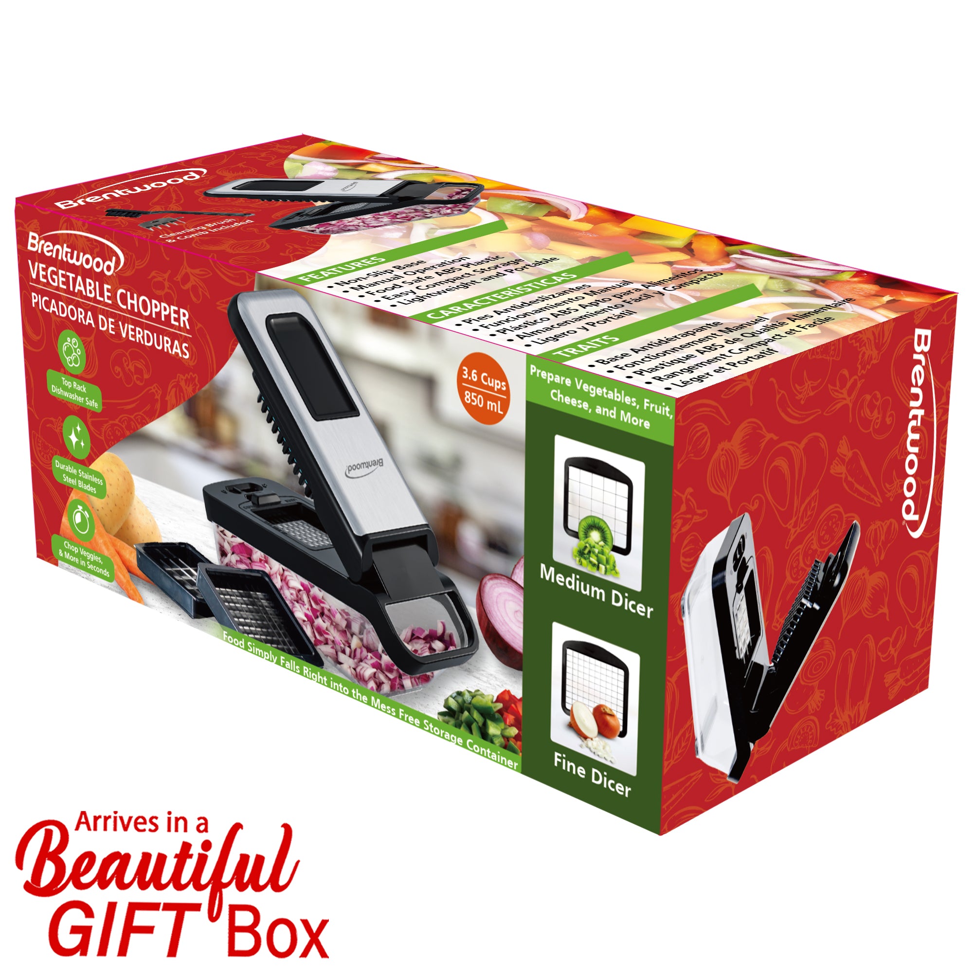 Brentwood KA-5024BKS Vegetable Chopper with 3.6-Cup Storage Container and 2 Interchangeable Stainless Steel Blades, Black