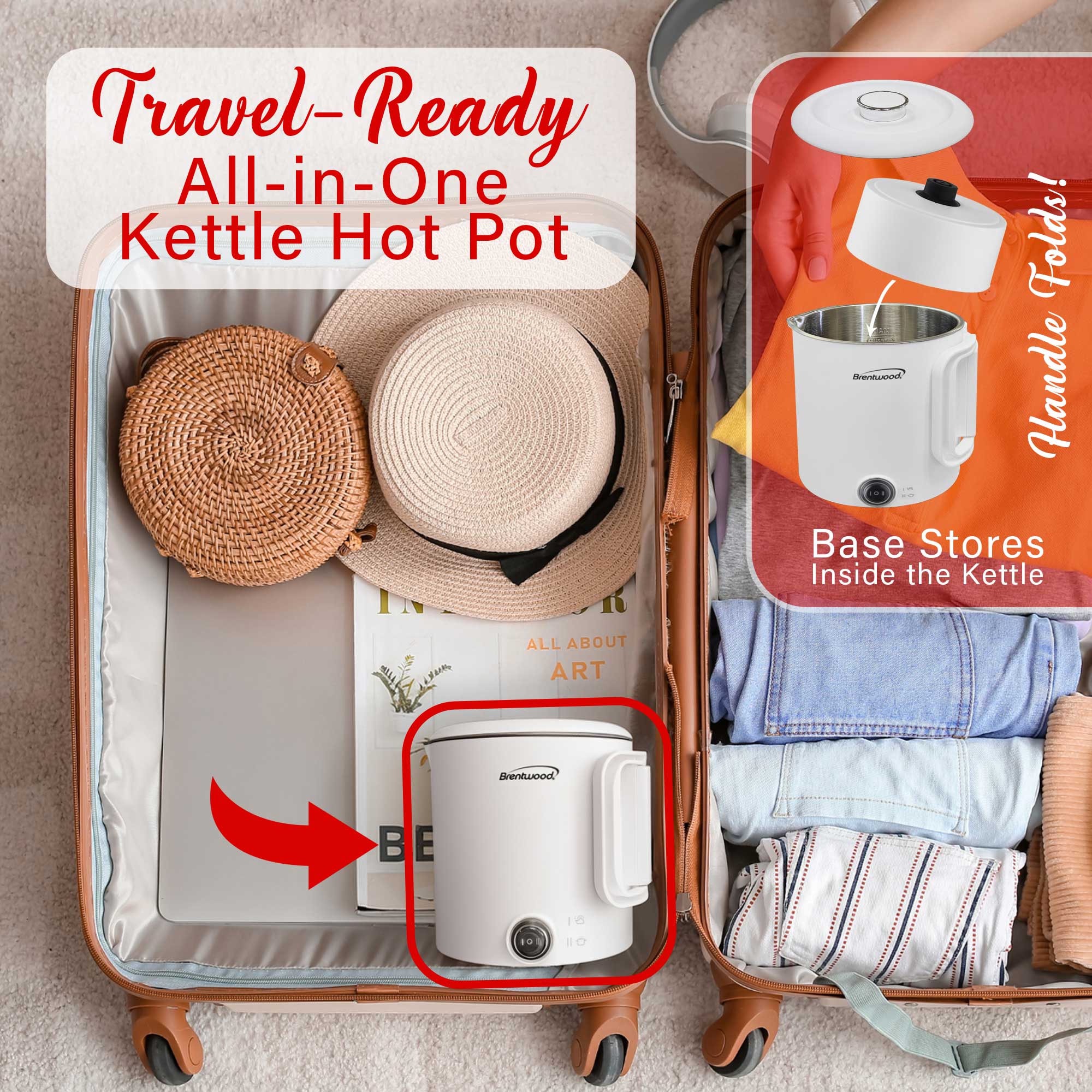 Brentwood KT-1504W 27oz Electric Travel Kettle & Hot Pot, Collapsible, Cool Touch Double Wall Stainless Steel Construction, Cordless with 360° Base, Auto Shut Off, Boil Dry Protection