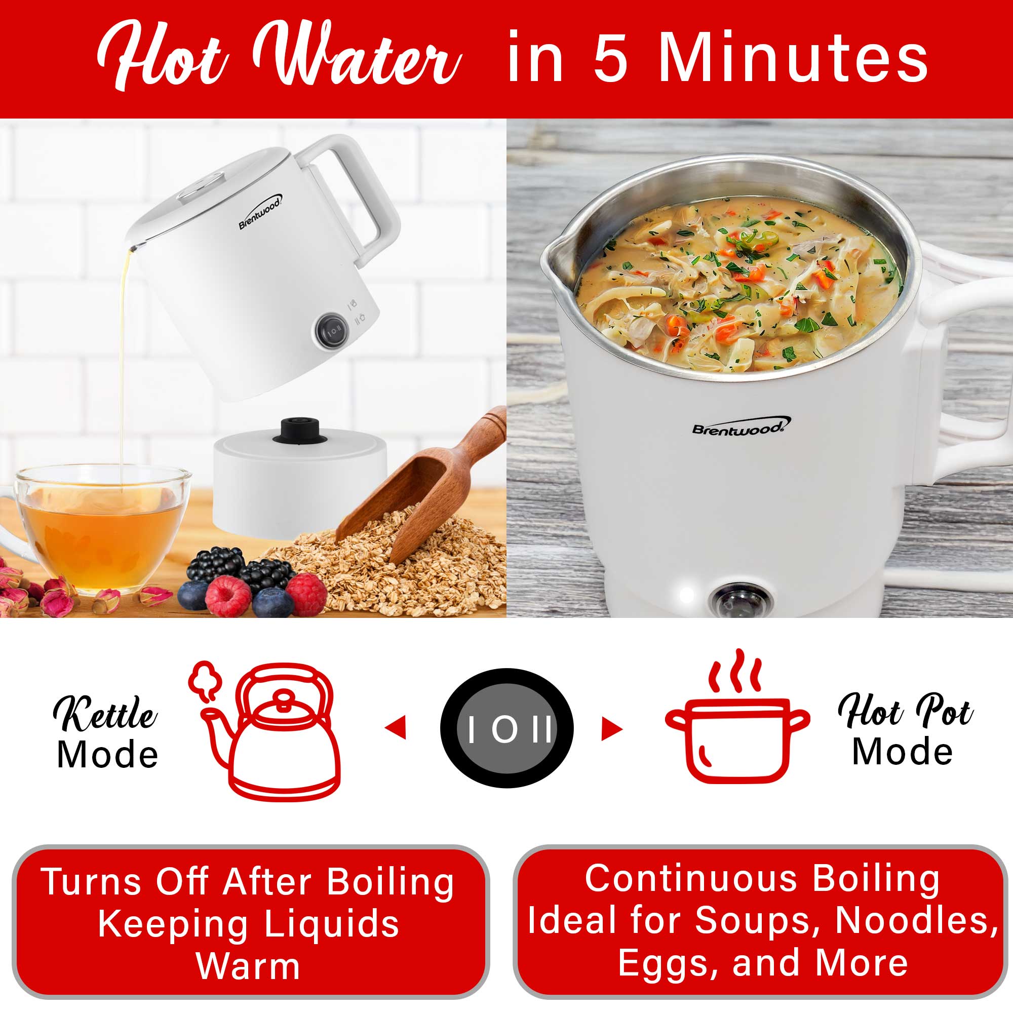 Brentwood KT-1504W 27oz Electric Travel Kettle & Hot Pot, Collapsible, Cool Touch Double Wall Stainless Steel Construction, Cordless with 360° Base, Auto Shut Off, Boil Dry Protection