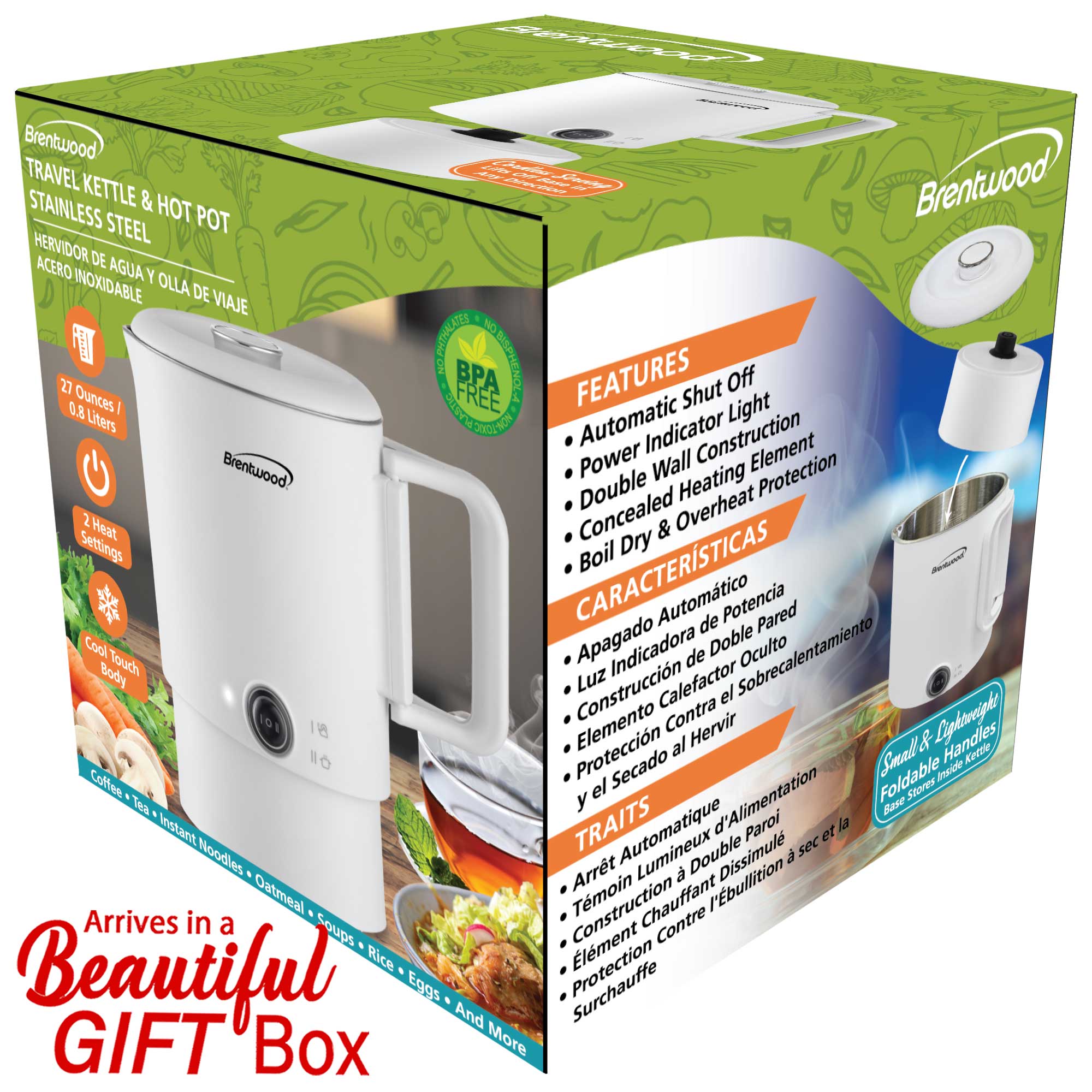 Brentwood KT-1504W 27oz Electric Travel Kettle & Hot Pot, Collapsible, Cool Touch Double Wall Stainless Steel Construction, Cordless with 360° Base, Auto Shut Off, Boil Dry Protection