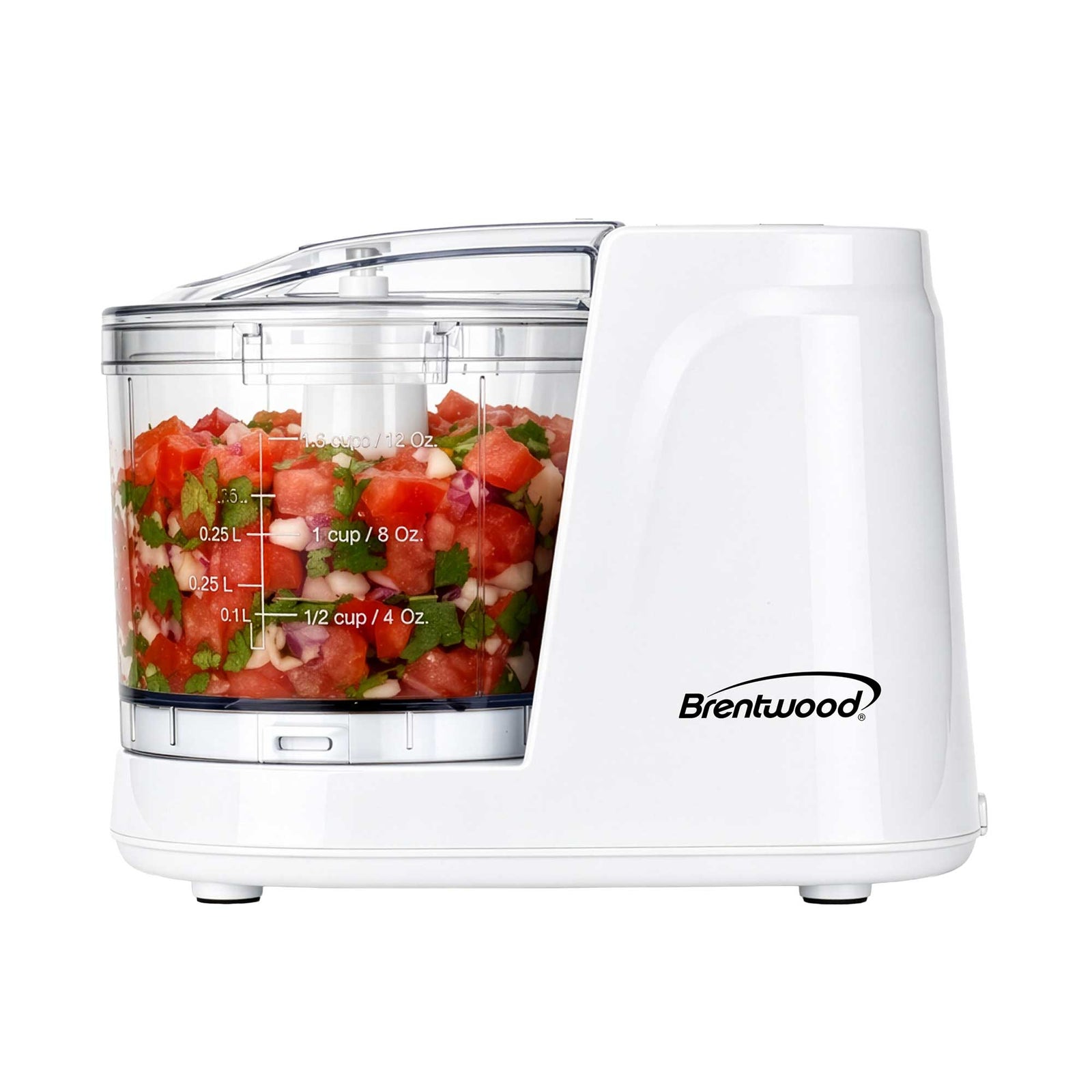Brentwood MC-102W 1.5 Cup Mini Food Chopper, One Touch Pulse, Stainless Steel Blades, Drizzle Hole, Dishwasher Safe Parts, White
