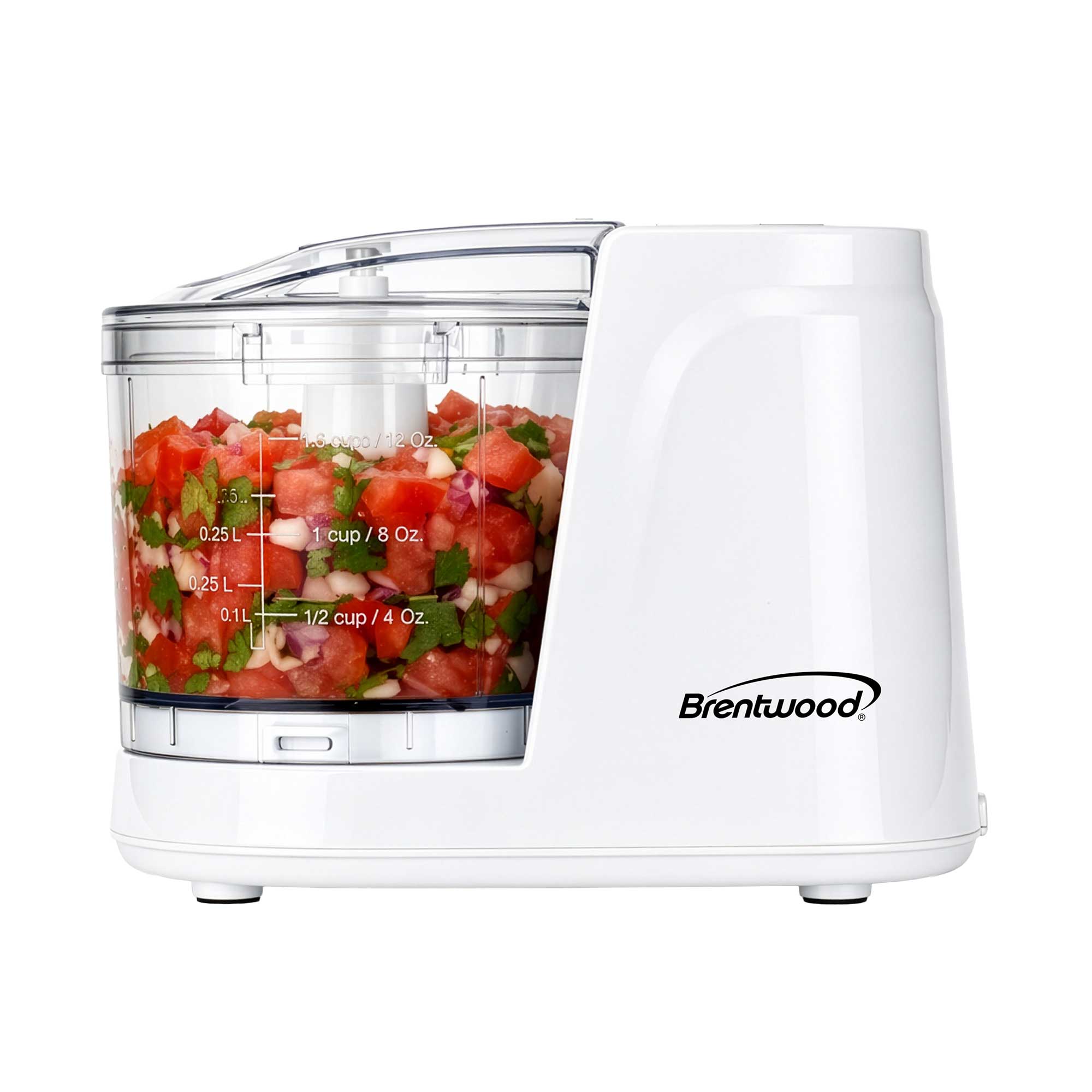 Brentwood MC-102W 1.5 Cup Mini Food Chopper, One Touch Pulse, Stainless Steel Blades, Drizzle Hole, Dishwasher Safe Parts, White