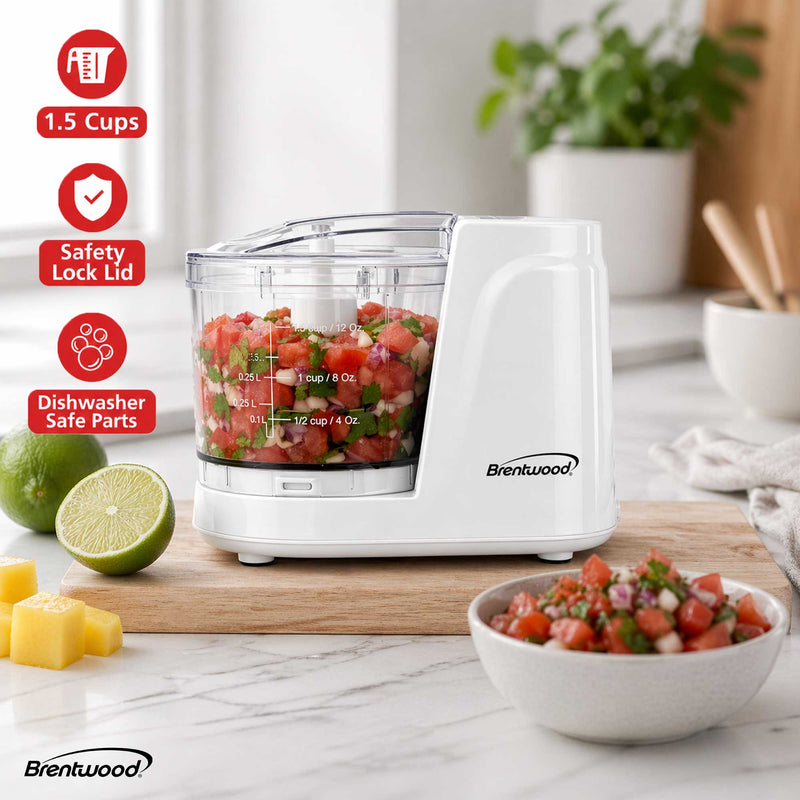 Brentwood MC-102W 1.5 Cup Mini Food Chopper, One Touch Pulse, Stainless Steel Blades, Drizzle Hole, Dishwasher Safe Parts, White
