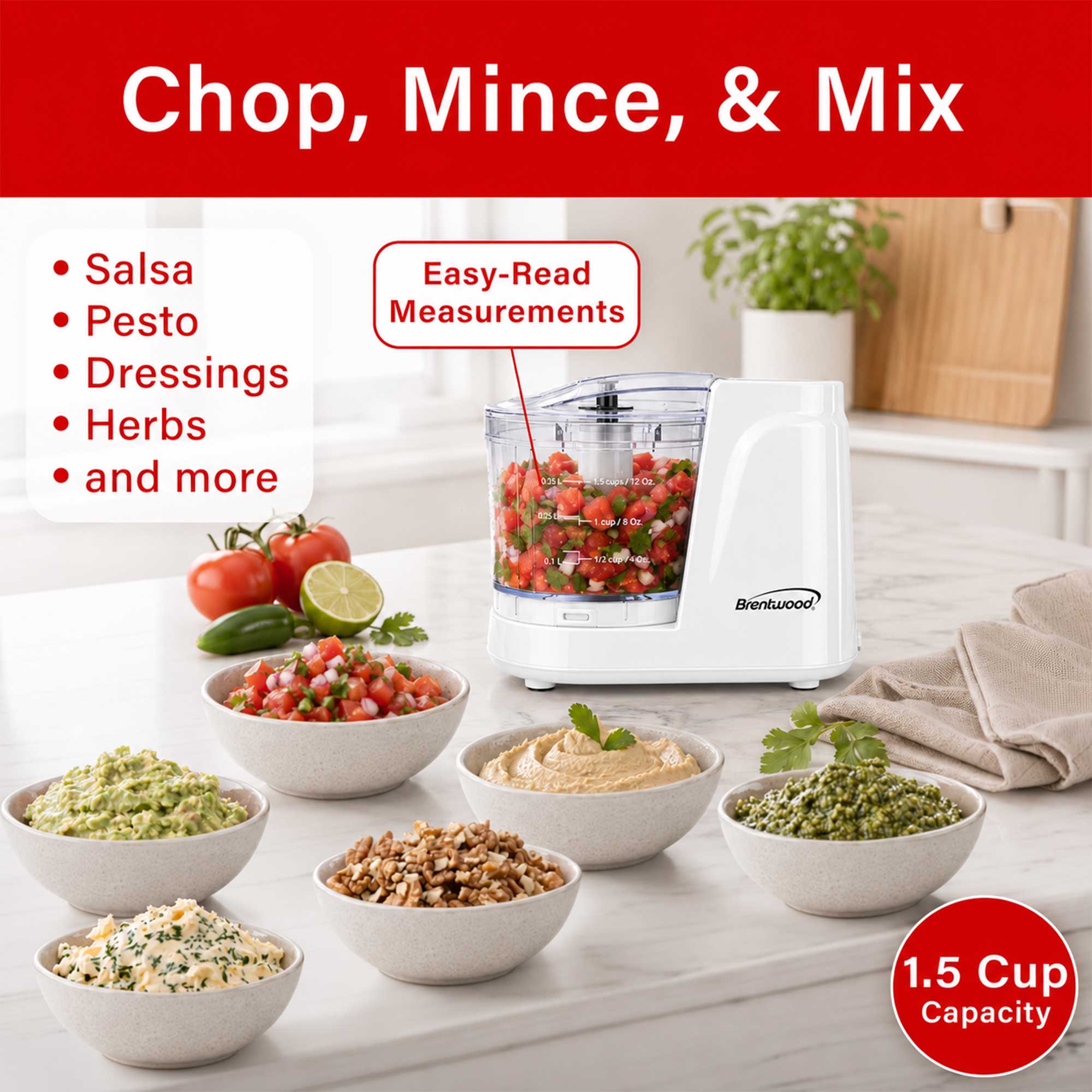 Brentwood MC-102W 1.5 Cup Mini Food Chopper, One Touch Pulse, Stainless Steel Blades, Drizzle Hole, Dishwasher Safe Parts, White