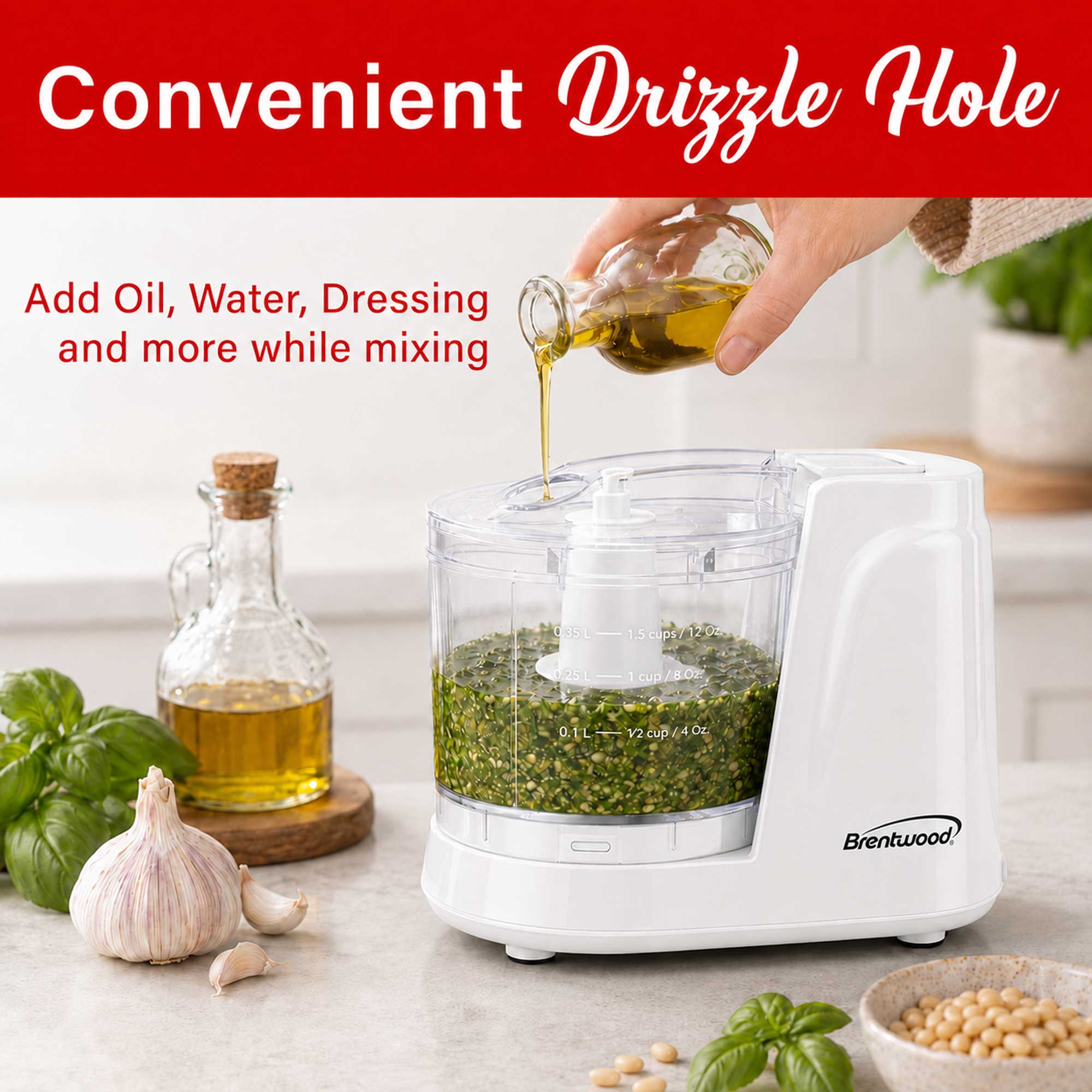 Brentwood MC-102W 1.5 Cup Mini Food Chopper, One Touch Pulse, Stainless Steel Blades, Drizzle Hole, Dishwasher Safe Parts, White