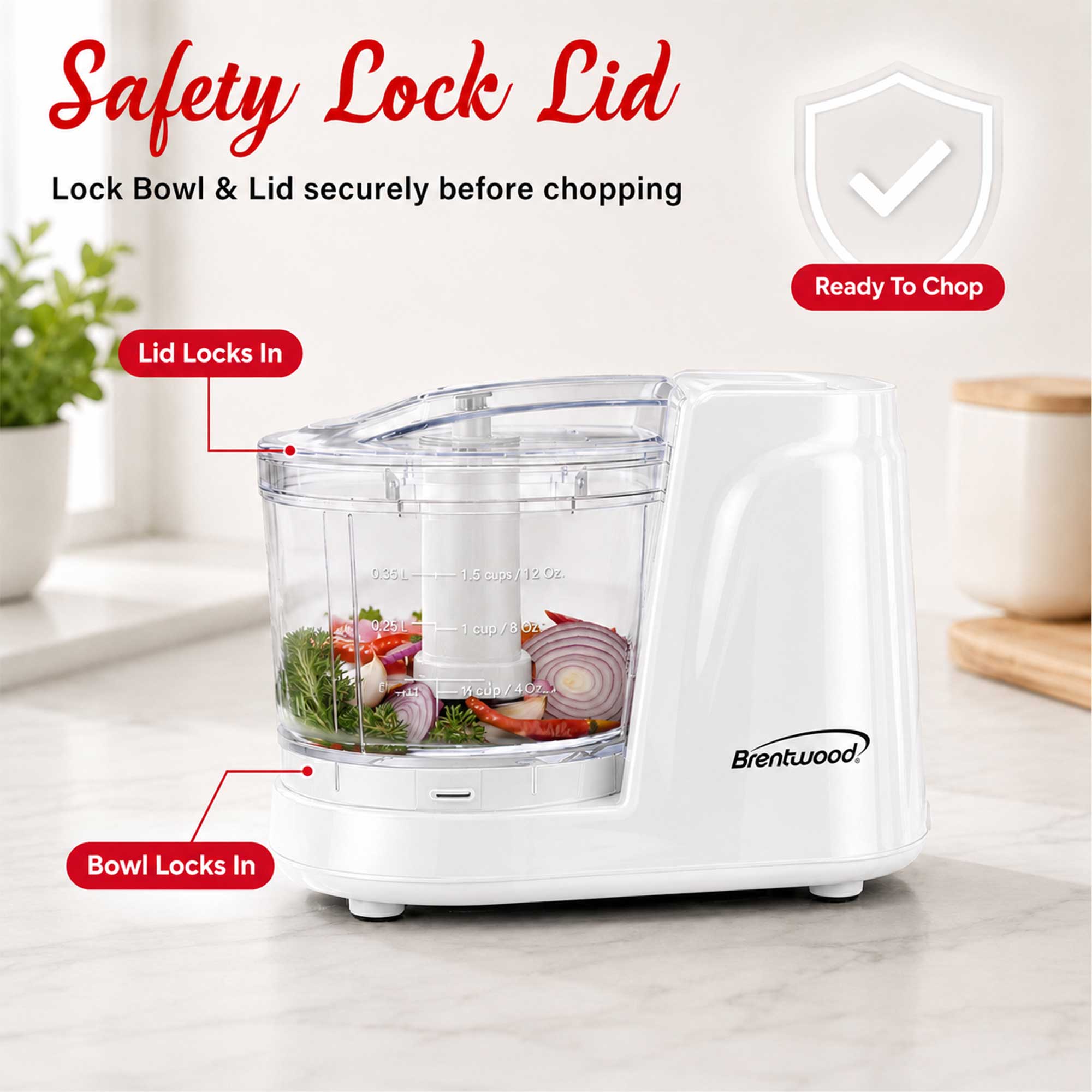 Brentwood MC-102W 1.5 Cup Mini Food Chopper, One Touch Pulse, Stainless Steel Blades, Drizzle Hole, Dishwasher Safe Parts, White