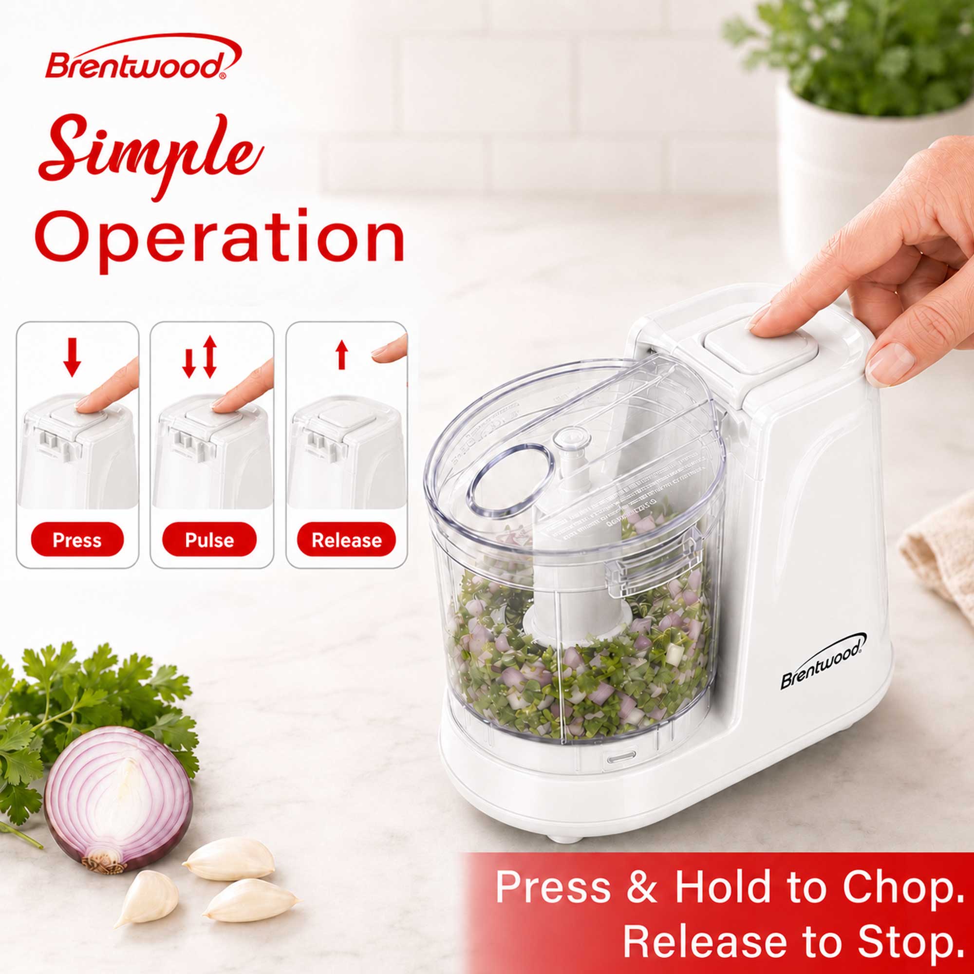 Brentwood MC-102W 1.5 Cup Mini Food Chopper, One Touch Pulse, Stainless Steel Blades, Drizzle Hole, Dishwasher Safe Parts, White