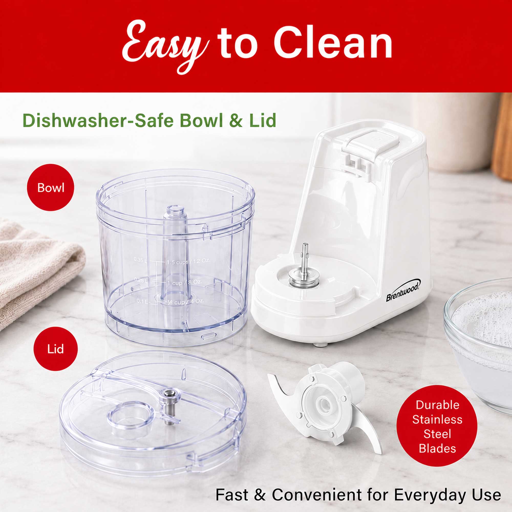 Brentwood MC-102W 1.5 Cup Mini Food Chopper, One Touch Pulse, Stainless Steel Blades, Drizzle Hole, Dishwasher Safe Parts, White