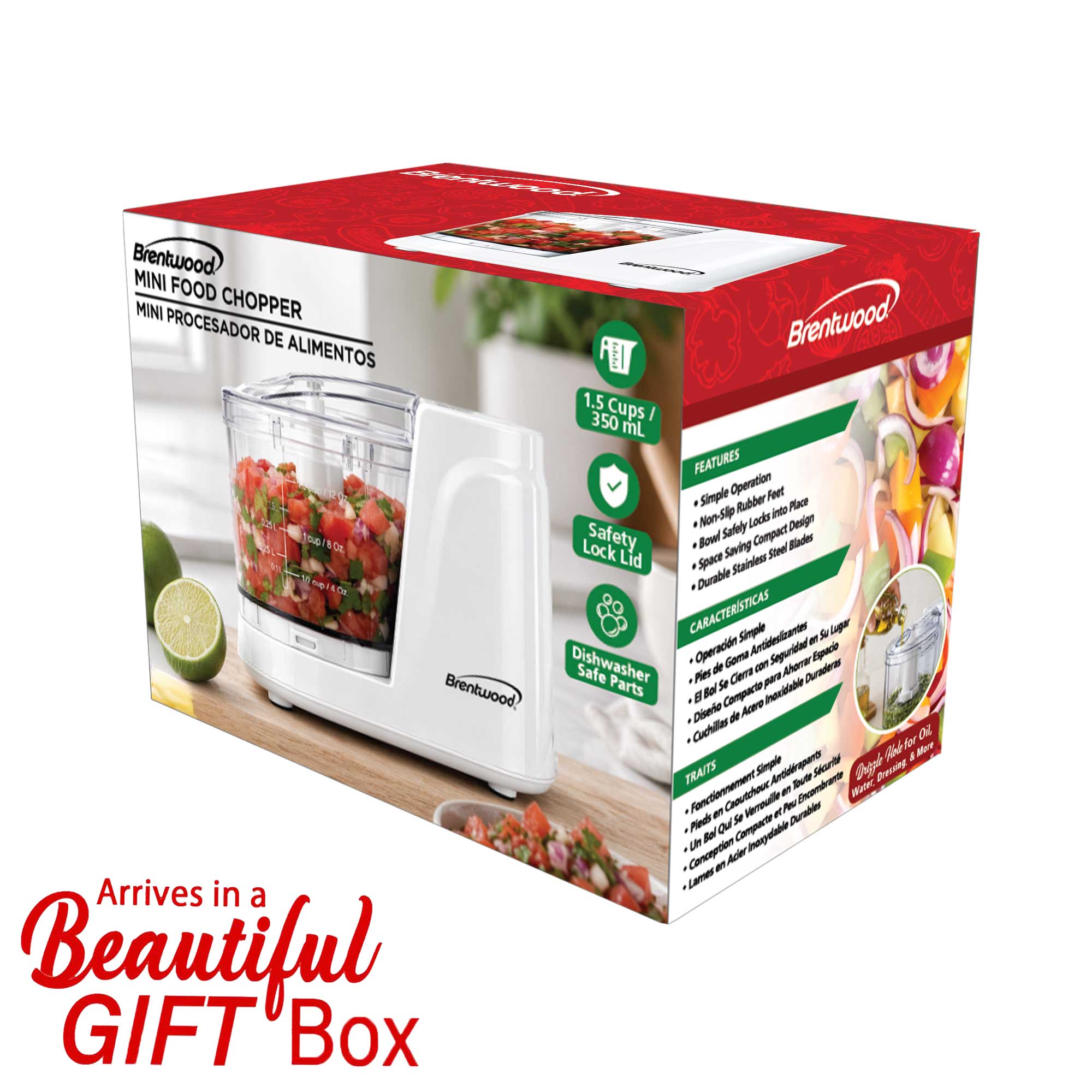 Brentwood MC-102W 1.5 Cup Mini Food Chopper, One Touch Pulse, Stainless Steel Blades, Drizzle Hole, Dishwasher Safe Parts, White