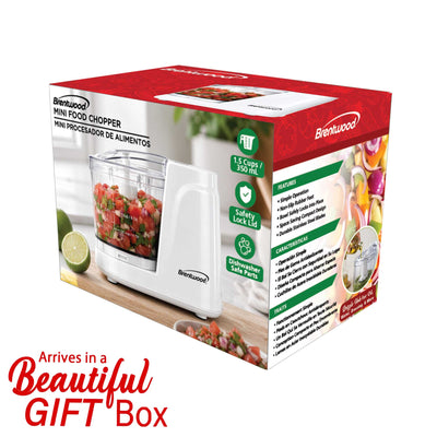 Brentwood MC-102W 1.5 Cup Mini Food Chopper, One Touch Pulse, Stainless Steel Blades, Drizzle Hole, Dishwasher Safe Parts, White