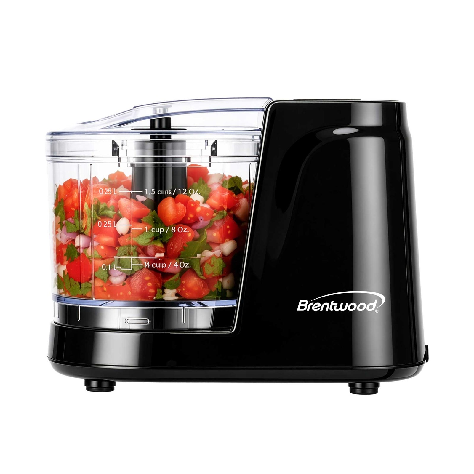 Brentwood MC-102BK 1.5 Cup Mini Food Chopper, One Touch Pulse, Stainless Steel Blades, Drizzle Hole, Dishwasher Safe Parts, Black