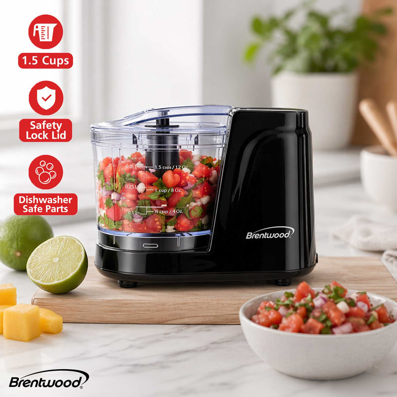Brentwood MC-102BK 1.5 Cup Mini Food Chopper, One Touch Pulse, Stainless Steel Blades, Drizzle Hole, Dishwasher Safe Parts, Black