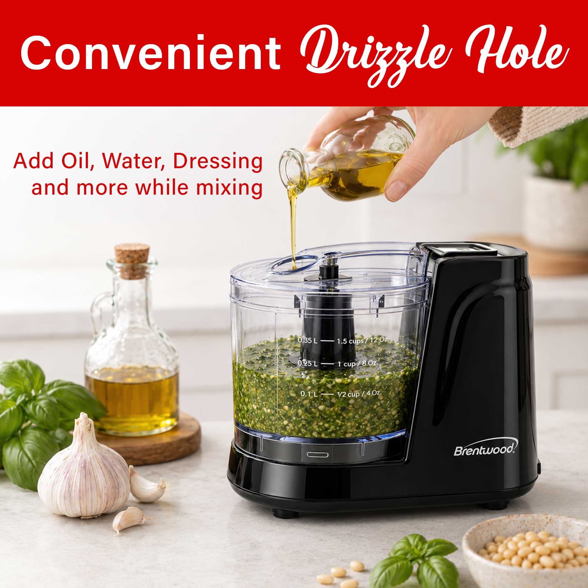 Brentwood MC-102BK 1.5 Cup Mini Food Chopper, One Touch Pulse, Stainless Steel Blades, Drizzle Hole, Dishwasher Safe Parts, Black