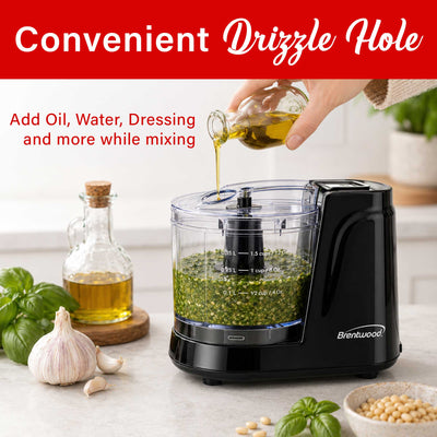 Brentwood MC-102BK 1.5 Cup Mini Food Chopper, One Touch Pulse, Stainless Steel Blades, Drizzle Hole, Dishwasher Safe Parts, Black