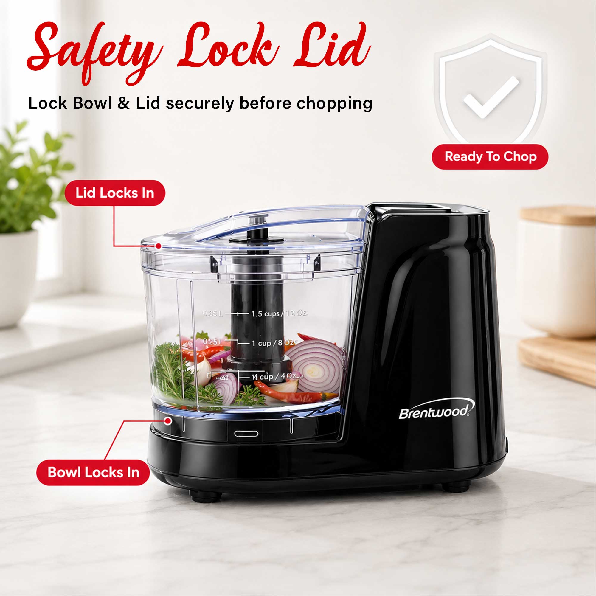 Brentwood MC-102BK 1.5 Cup Mini Food Chopper, One Touch Pulse, Stainless Steel Blades, Drizzle Hole, Dishwasher Safe Parts, Black