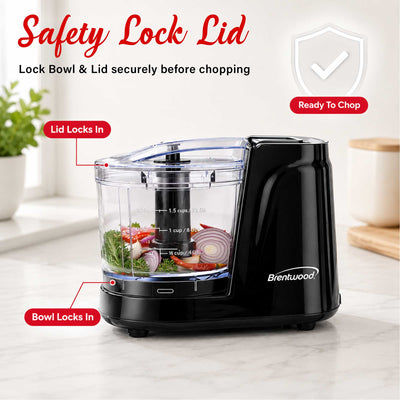 Brentwood MC-102BK 1.5 Cup Mini Food Chopper, One Touch Pulse, Stainless Steel Blades, Drizzle Hole, Dishwasher Safe Parts, Black