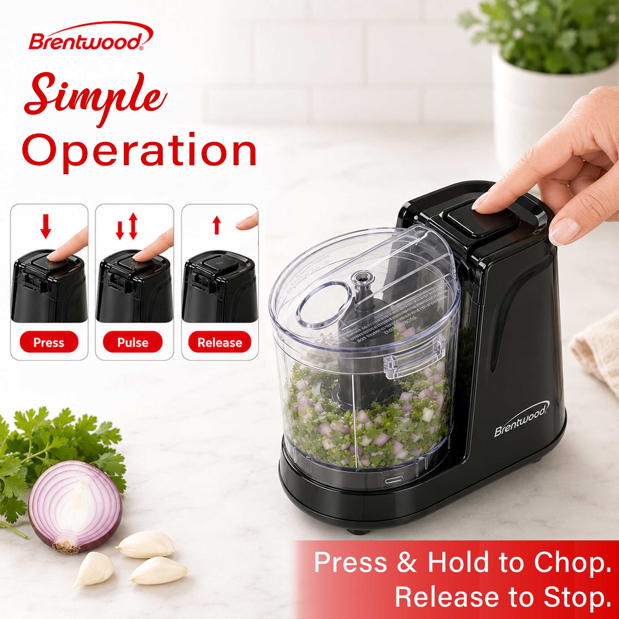 Brentwood MC-102BK 1.5 Cup Mini Food Chopper, One Touch Pulse, Stainless Steel Blades, Drizzle Hole, Dishwasher Safe Parts, Black
