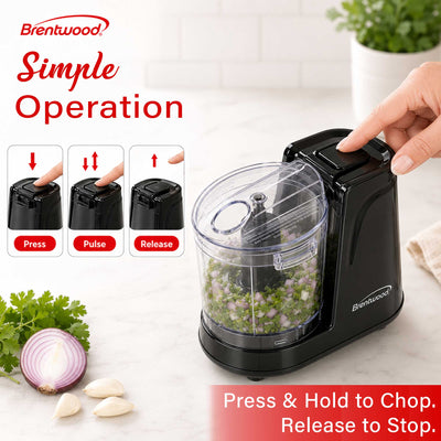 Brentwood MC-102BK 1.5 Cup Mini Food Chopper, One Touch Pulse, Stainless Steel Blades, Drizzle Hole, Dishwasher Safe Parts, Black