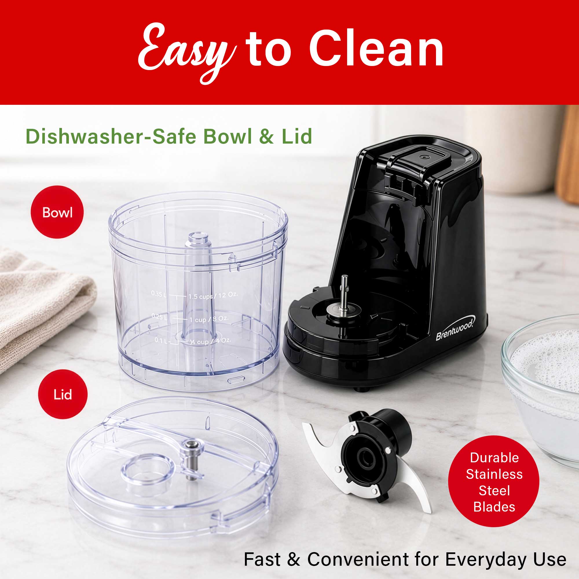 Brentwood MC-102BK 1.5 Cup Mini Food Chopper, One Touch Pulse, Stainless Steel Blades, Drizzle Hole, Dishwasher Safe Parts, Black
