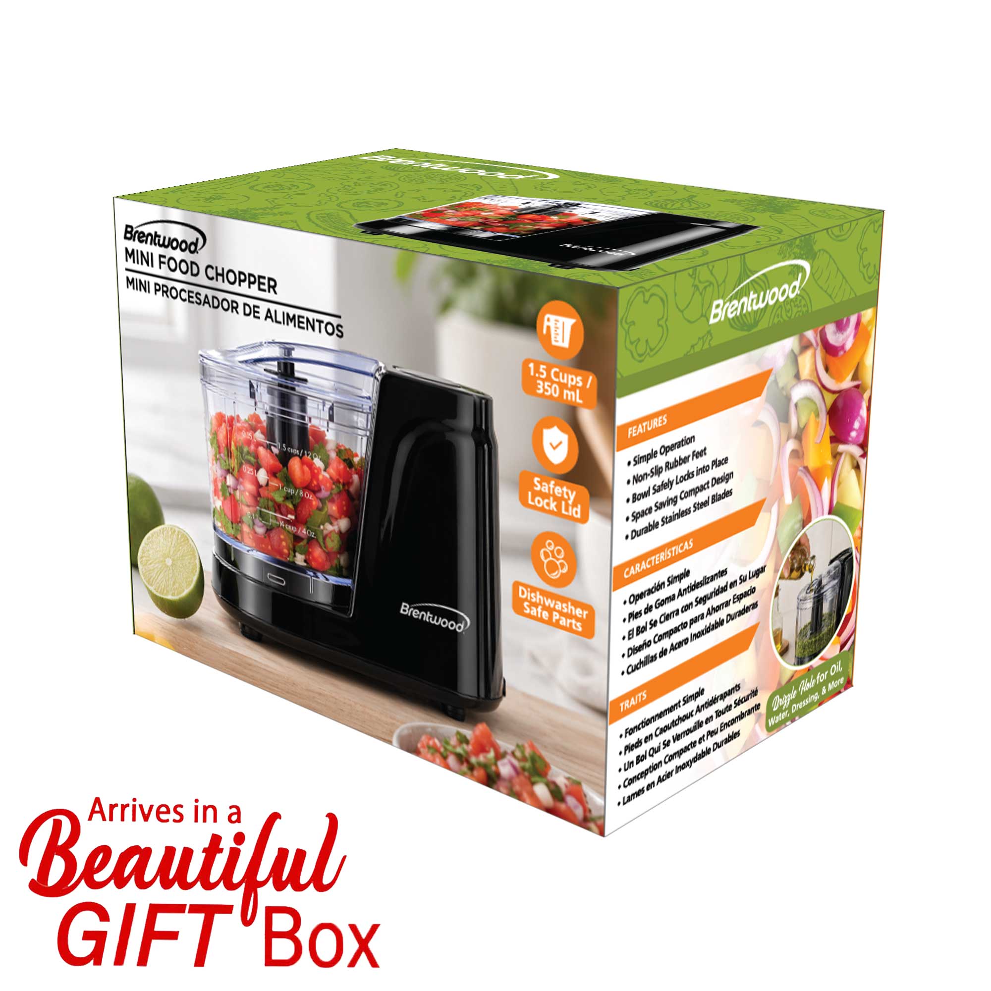 Brentwood MC-102BK 1.5 Cup Mini Food Chopper, One Touch Pulse, Stainless Steel Blades, Drizzle Hole, Dishwasher Safe Parts, Black