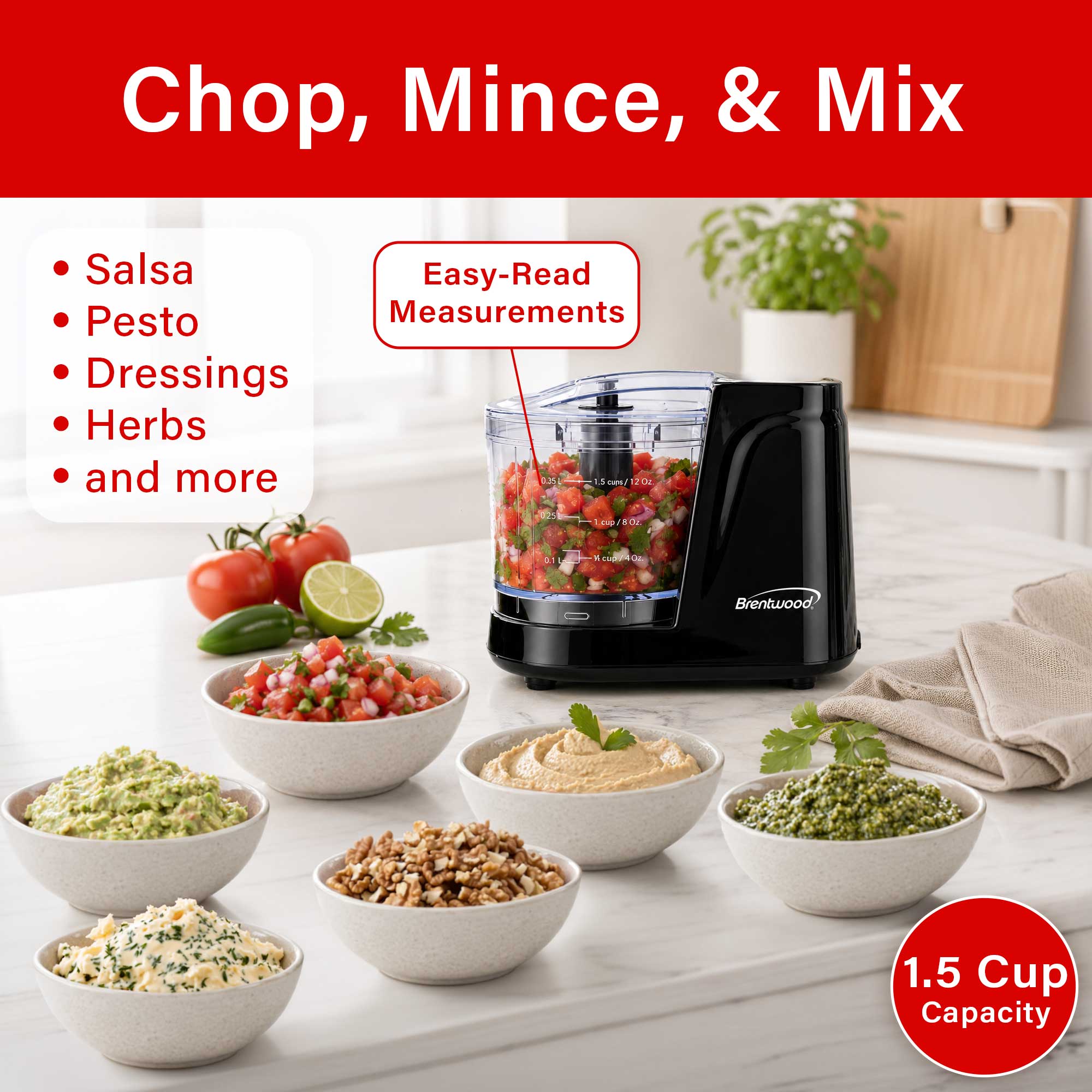Brentwood MC-102BK 1.5 Cup Mini Food Chopper, One Touch Pulse, Stainless Steel Blades, Drizzle Hole, Dishwasher Safe Parts, Black