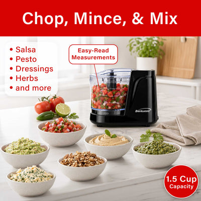 Brentwood MC-102BK 1.5 Cup Mini Food Chopper, One Touch Pulse, Stainless Steel Blades, Drizzle Hole, Dishwasher Safe Parts, Black