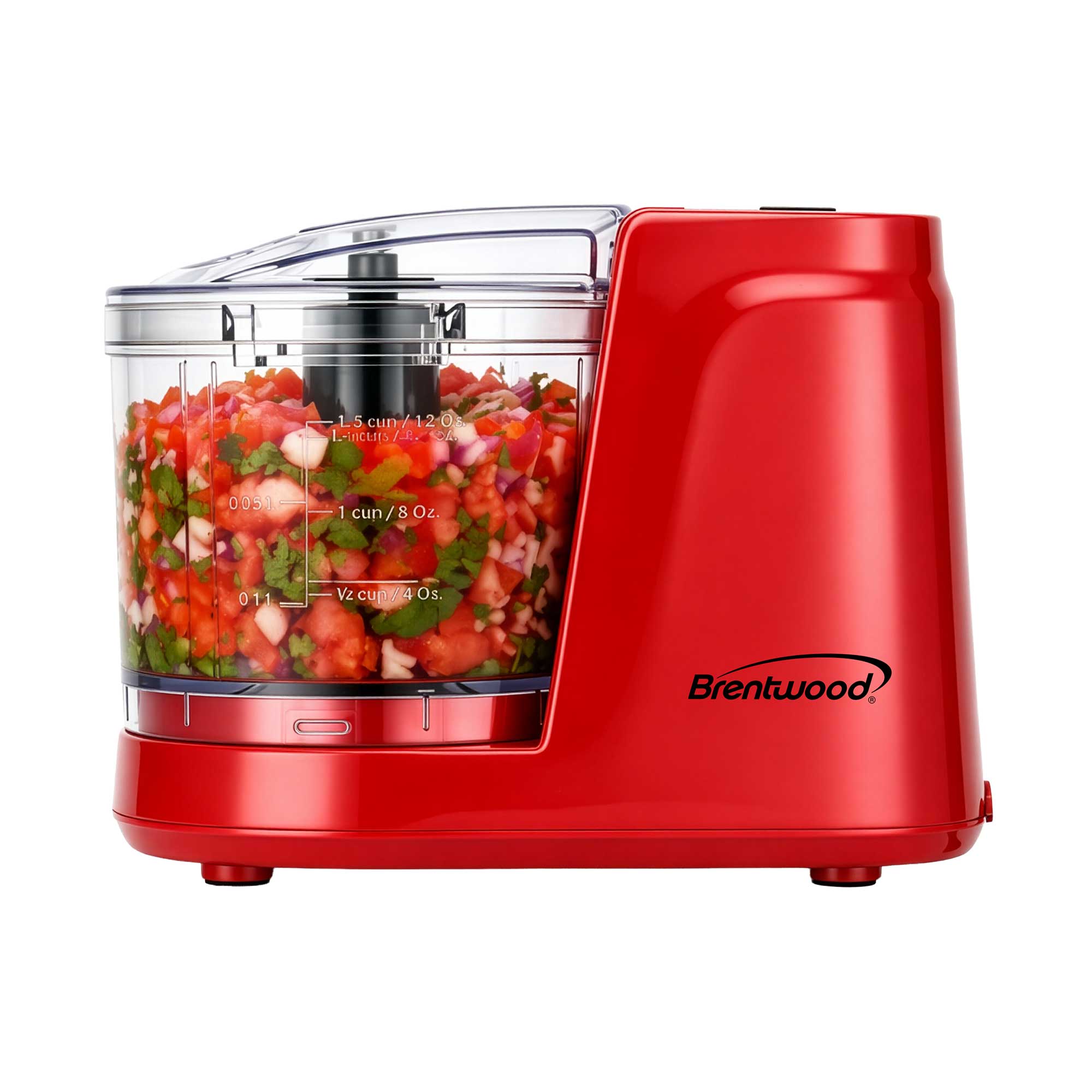 Brentwood MC-102R 1.5 Cup Mini Food Chopper, One Touch Pulse, Stainless Steel Blades, Drizzle Hole, Dishwasher Safe Parts, Red